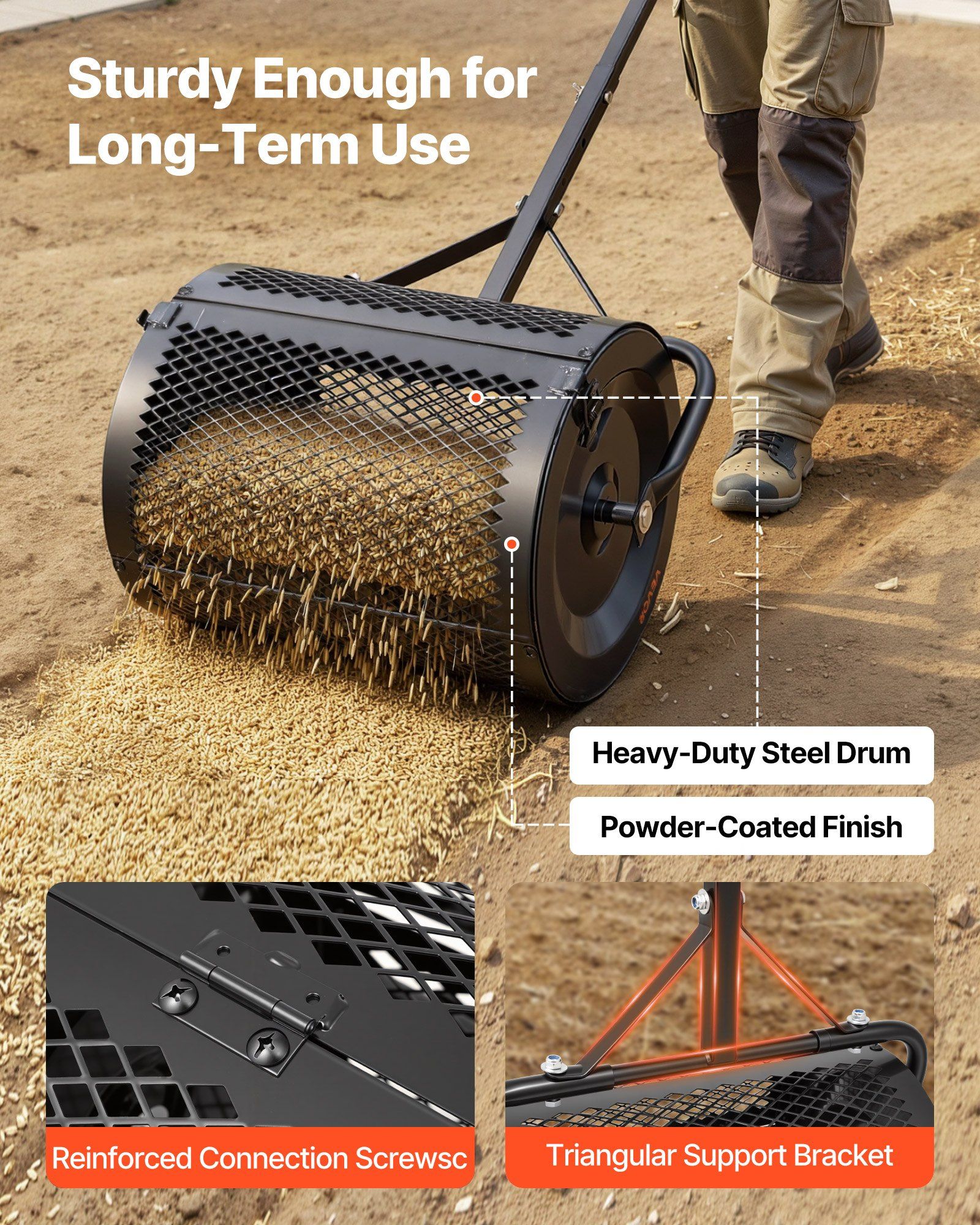 Compost Spreader, 42 cm Wide Peat Moss Spreader with T Shaped Handle, 3 Heights Adjustable, Powder-Coated Steel Garden Peat Moss Roller, Heavy Duty Grass Seed Roller for Planting Seeding, Black - Image 4
