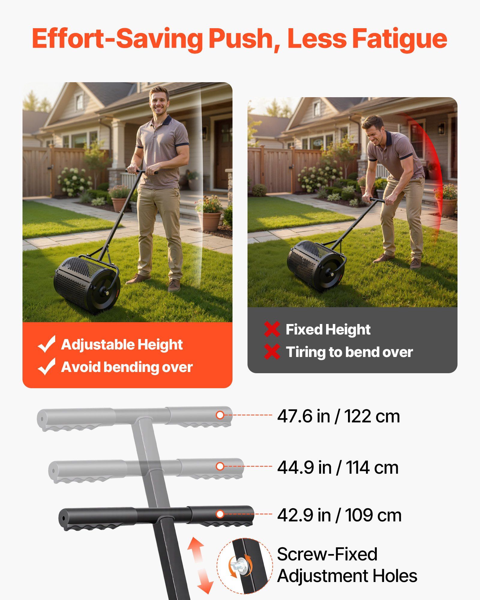 Compost Spreader, 42 cm Wide Peat Moss Spreader with T Shaped Handle, 3 Heights Adjustable, Powder-Coated Steel Garden Peat Moss Roller, Heavy Duty Grass Seed Roller for Planting Seeding, Black - Image 6