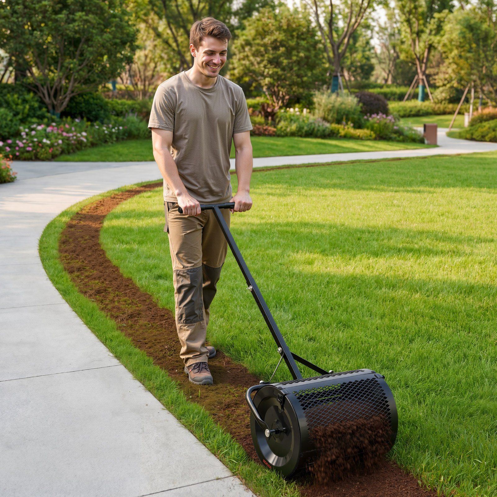 Compost Spreader, 42 cm Wide Peat Moss Spreader with T Shaped Handle, 3 Heights Adjustable, Powder-Coated Steel Garden Peat Moss Roller, Heavy Duty Grass Seed Roller for Planting Seeding, Black - Image 8