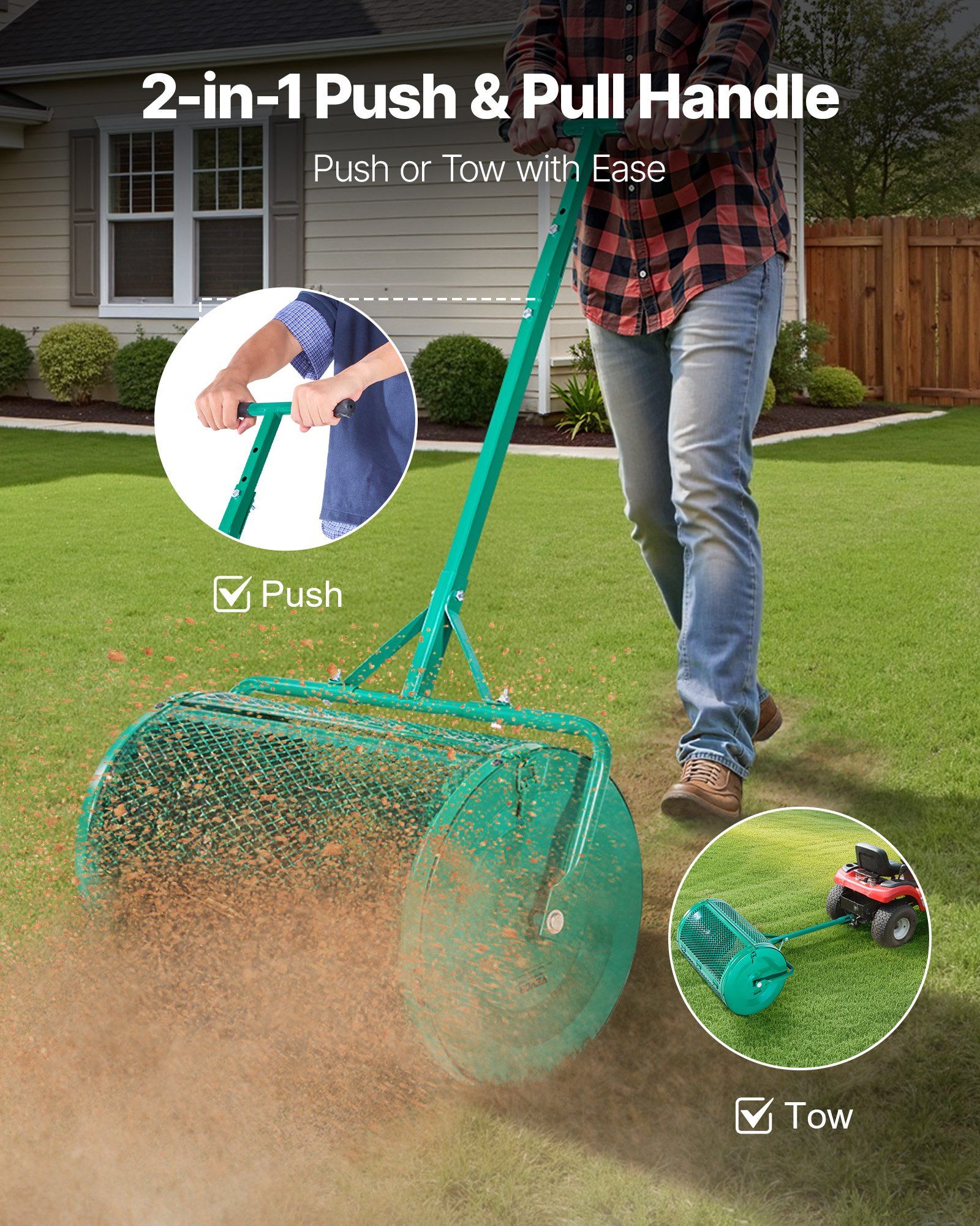 Compost Spreader, 24 in Wide Peat Moss Spreader with Push/Tow Handle, 4 Heights Adjustable, Powder-Coated Steel Garden Peat Moss Roller, Heavy Duty Grass Seed Spreaders for Planting Seeding - Image 2