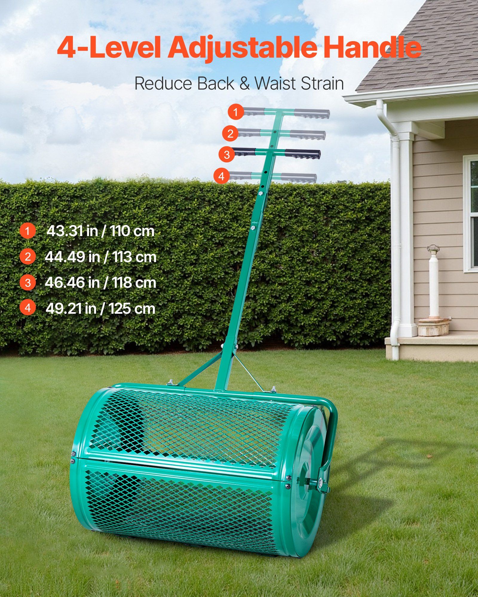 Compost Spreader, 24 in Wide Peat Moss Spreader with Push/Tow Handle, 4 Heights Adjustable, Powder-Coated Steel Garden Peat Moss Roller, Heavy Duty Grass Seed Spreaders for Planting Seeding - Image 3
