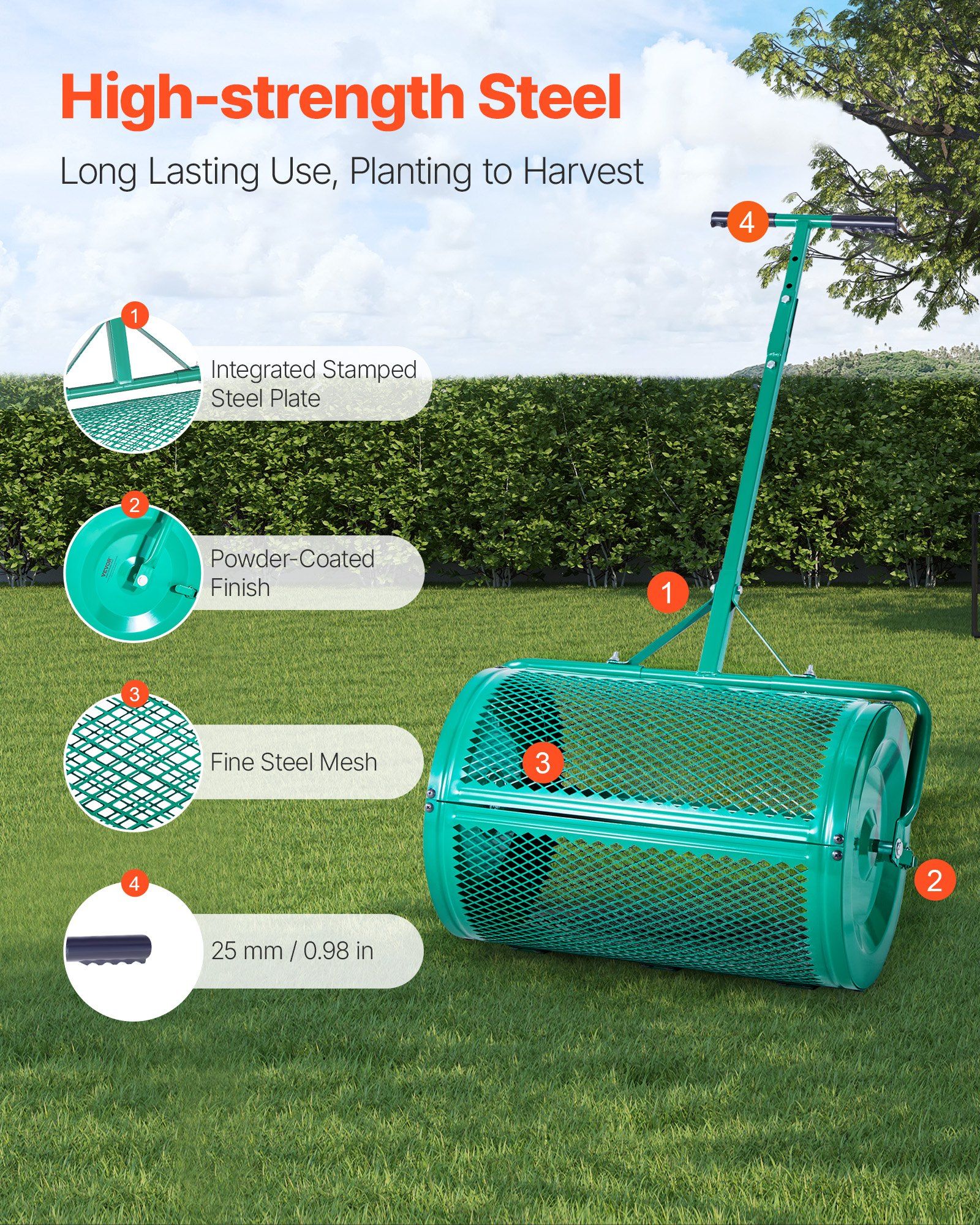 Compost Spreader, 24 in Wide Peat Moss Spreader with Push/Tow Handle, 4 Heights Adjustable, Powder-Coated Steel Garden Peat Moss Roller, Heavy Duty Grass Seed Spreaders for Planting Seeding - Image 4