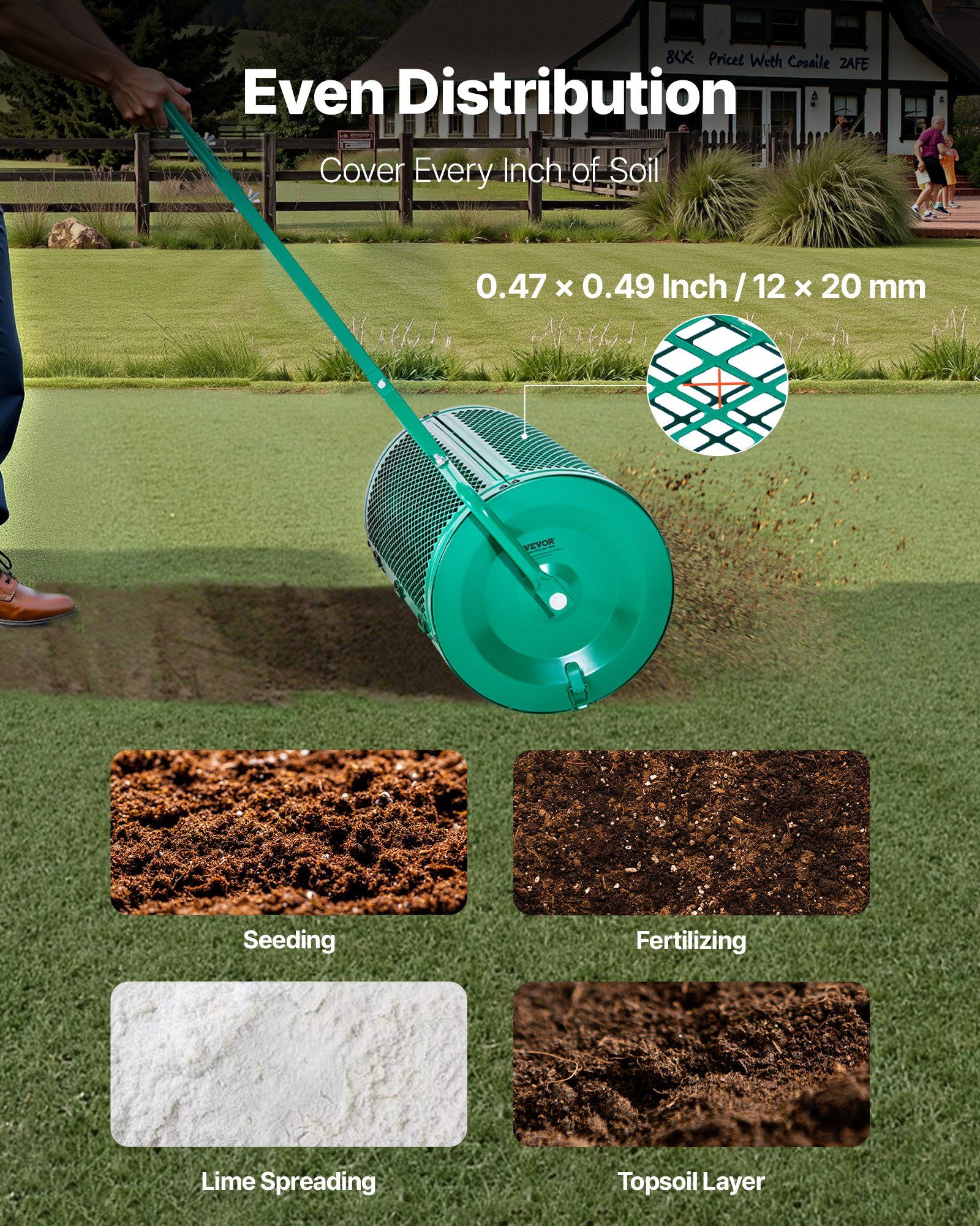 Compost Spreader, 24 in Wide Peat Moss Spreader with Push/Tow Handle, 4 Heights Adjustable, Powder-Coated Steel Garden Peat Moss Roller, Heavy Duty Grass Seed Spreaders for Planting Seeding - Image 6