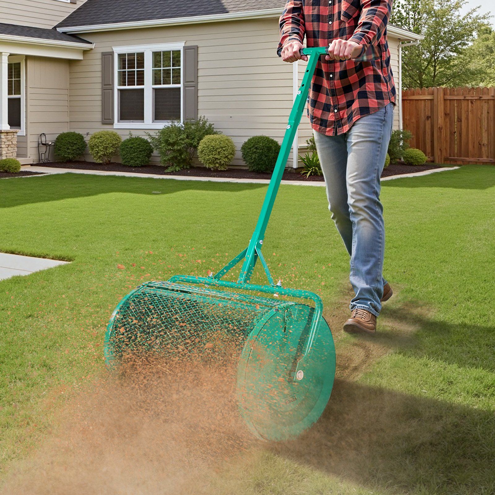 Compost Spreader, 24 in Wide Peat Moss Spreader with Push/Tow Handle, 4 Heights Adjustable, Powder-Coated Steel Garden Peat Moss Roller, Heavy Duty Grass Seed Spreaders for Planting Seeding - Image 8