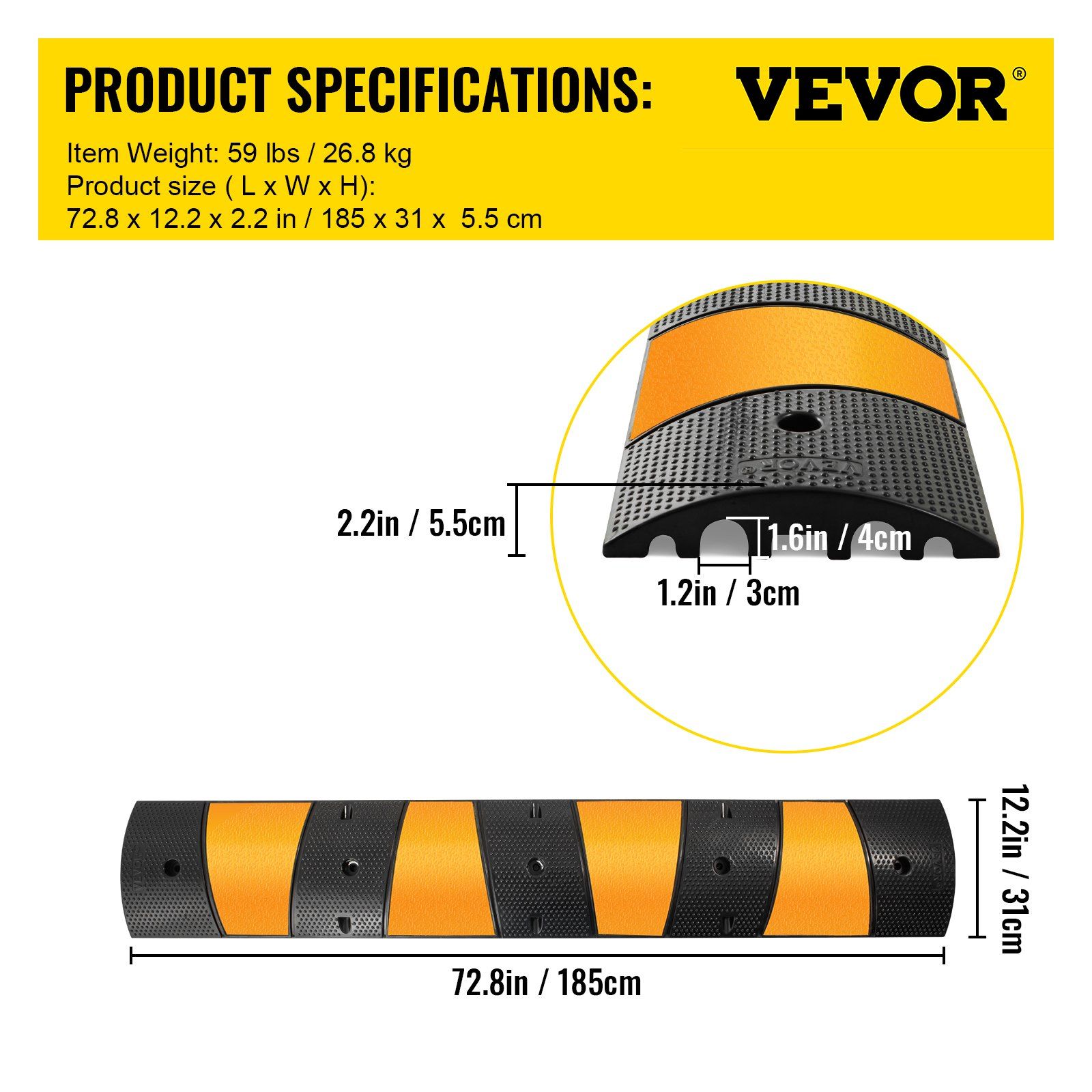 2pcs 6 Feet Rubber Driveway Modular Heavy Duty Speed 185 x 31 x 5.5 cm Cable Protector Ramp for Garage Gravel Roads Asphalt Concrete, 2Pack-6Ft-Speed Bump - Image 7