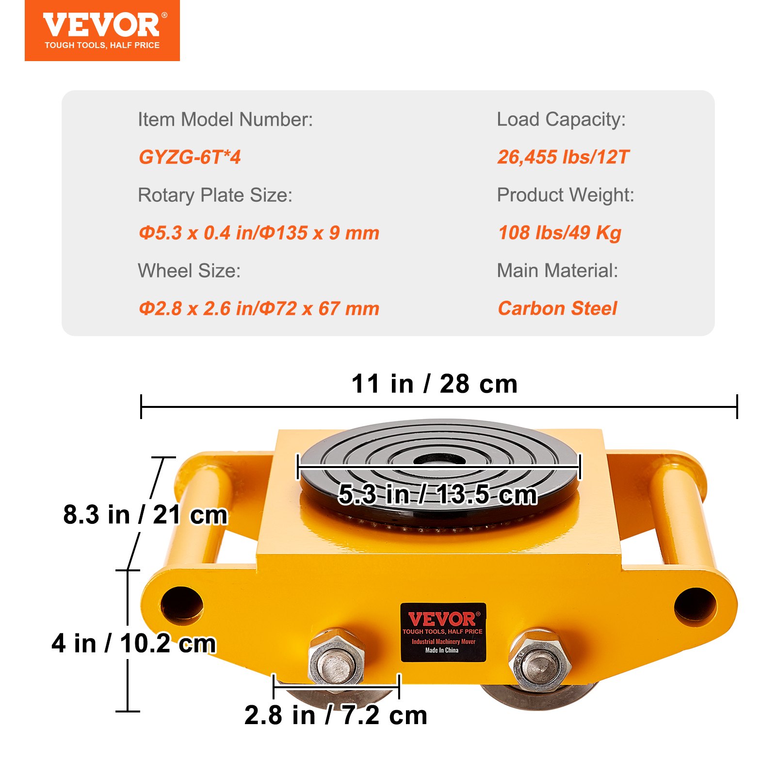 4PCS Machinery Skate Dolly Mover Skate 26455LBS/12T 4 Carbon Steel Wheels - Image 7