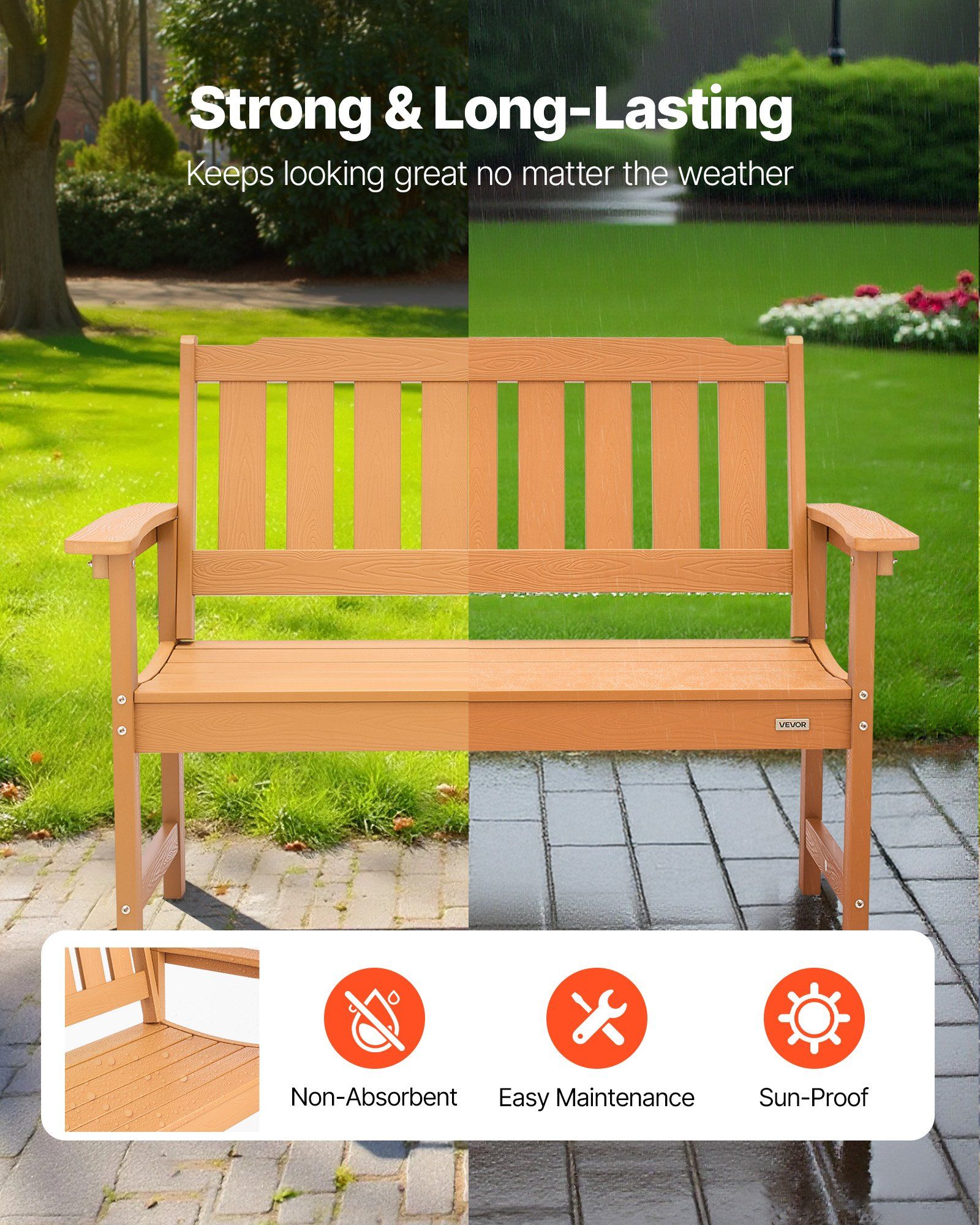 Outdoor Bench, 128 cm, 363 kg Weight Capacity for 2-3 Persons, Weatherproof Plastic Frame with Backrest and Wide Armrests, Outside Bench for Patio, Garden, Park, Yard, Natural Wood Color - Image 2