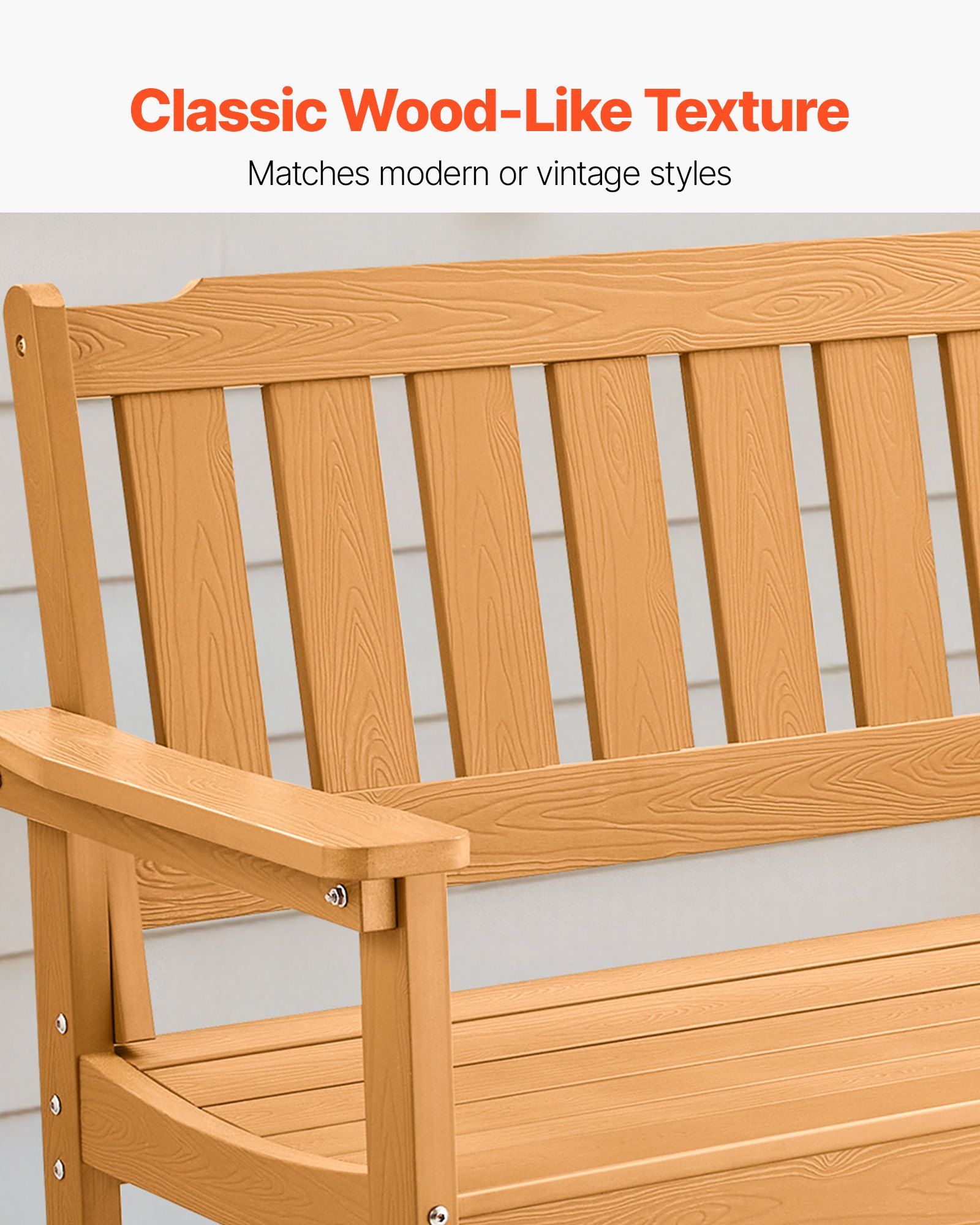 Outdoor Bench, 128 cm, 363 kg Weight Capacity for 2-3 Persons, Weatherproof Plastic Frame with Backrest and Wide Armrests, Outside Bench for Patio, Garden, Park, Yard, Natural Wood Color - Image 3