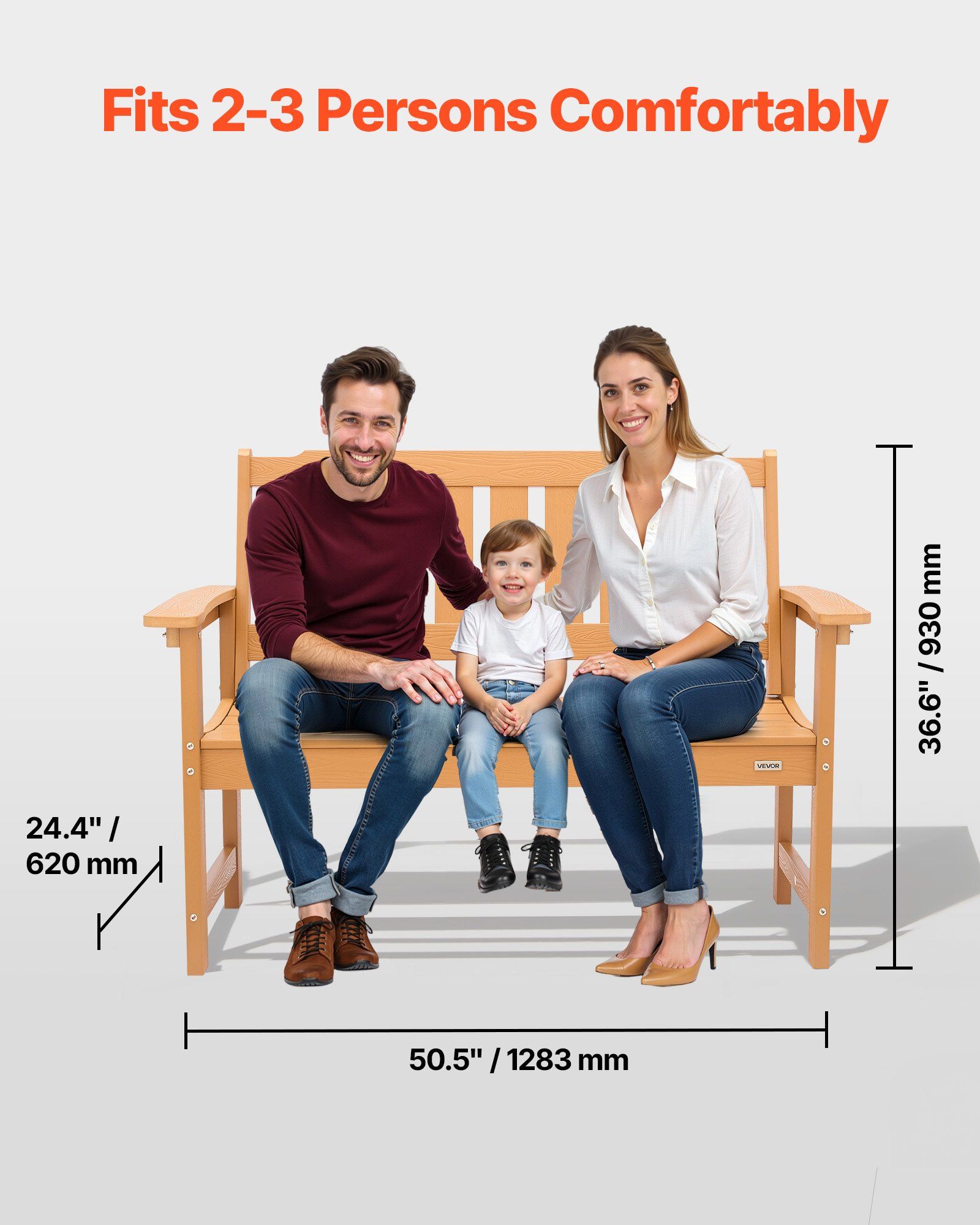 Outdoor Bench, 128 cm, 363 kg Weight Capacity for 2-3 Persons, Weatherproof Plastic Frame with Backrest and Wide Armrests, Outside Bench for Patio, Garden, Park, Yard, Natural Wood Color - Image 4