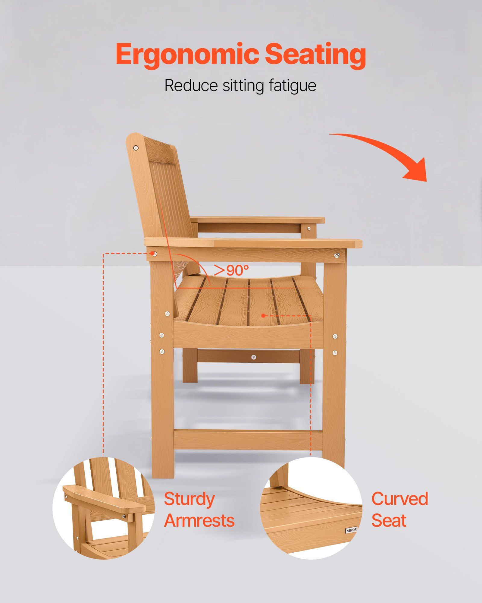 Outdoor Bench, 128 cm, 363 kg Weight Capacity for 2-3 Persons, Weatherproof Plastic Frame with Backrest and Wide Armrests, Outside Bench for Patio, Garden, Park, Yard, Natural Wood Color - Image 5