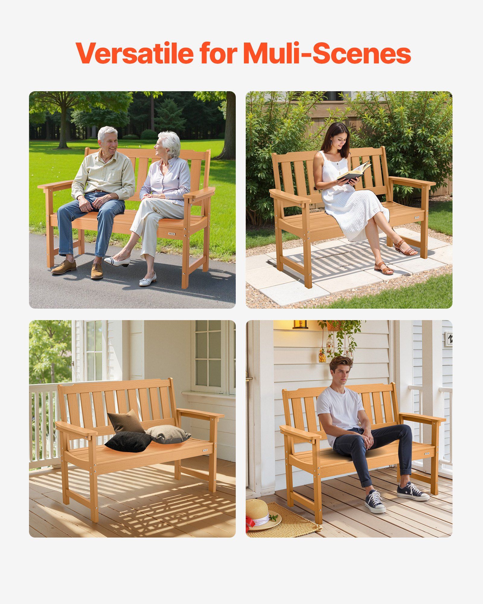 Outdoor Bench, 128 cm, 363 kg Weight Capacity for 2-3 Persons, Weatherproof Plastic Frame with Backrest and Wide Armrests, Outside Bench for Patio, Garden, Park, Yard, Natural Wood Color - Image 6