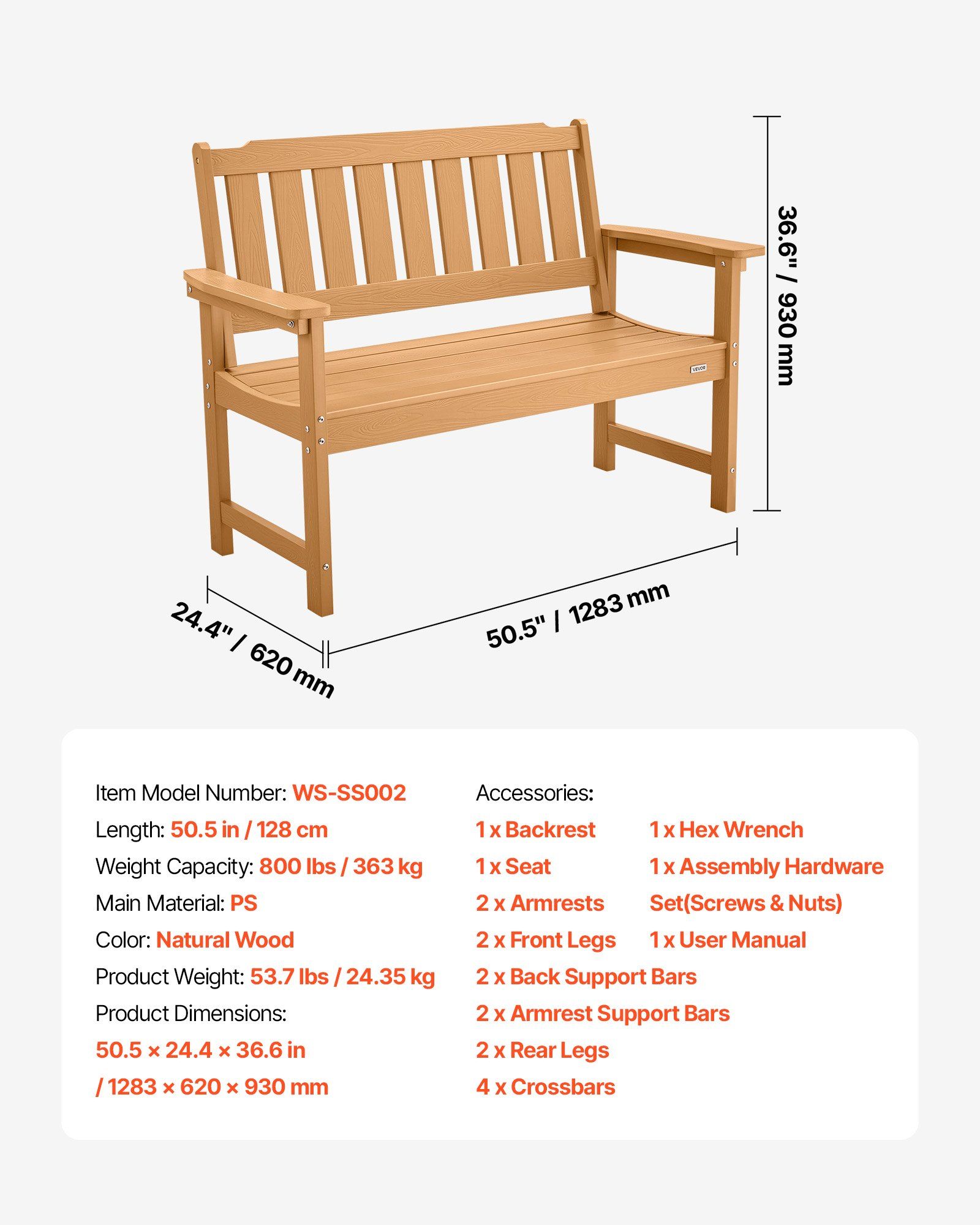 Outdoor Bench, 128 cm, 363 kg Weight Capacity for 2-3 Persons, Weatherproof Plastic Frame with Backrest and Wide Armrests, Outside Bench for Patio, Garden, Park, Yard, Natural Wood Color - Image 7