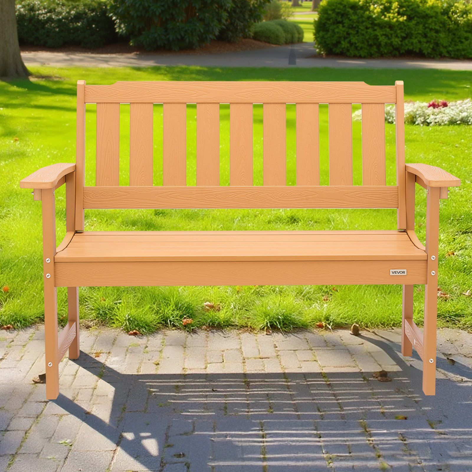 Outdoor Bench, 128 cm, 363 kg Weight Capacity for 2-3 Persons, Weatherproof Plastic Frame with Backrest and Wide Armrests, Outside Bench for Patio, Garden, Park, Yard, Natural Wood Color - Image 8