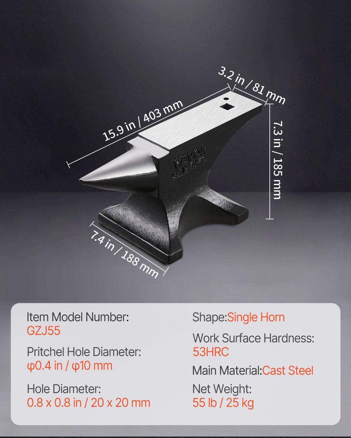 Single Horn Anvil, 55lbs Cast Steel Anvil, High Hardness Rugged Round Horn Anvil for Blacksmiths, with Large Countertop and Stable Base, Metal Working Tool for Metal Bending, Shaping, Twisting - Image 7