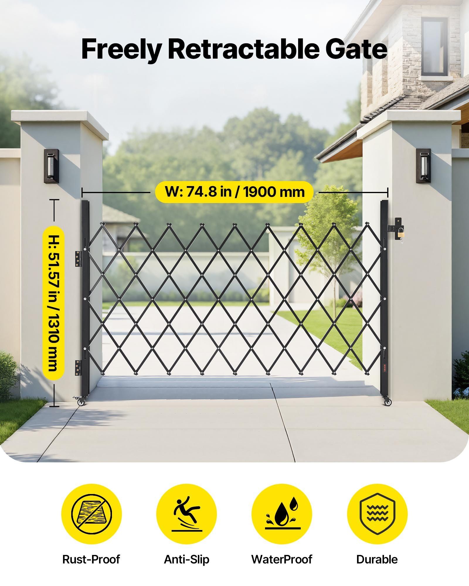 Single Folding Security Gate, Lockable Scissor Gate with 360 degree Swivel Casters, Outdoor Barricade Steel Retractable Gates, for Entry Security, Garage, Warehouse & Pool, 1900 x 1310 mm (W x H) - Image 2