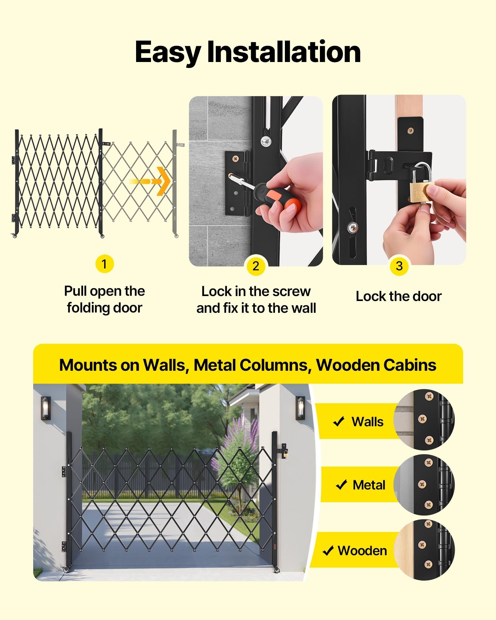 Single Folding Security Gate, Lockable Scissor Gate with 360 degree Swivel Casters, Outdoor Barricade Steel Retractable Gates, for Entry Security, Garage, Warehouse & Pool, 1900 x 1310 mm (W x H) - Image 5