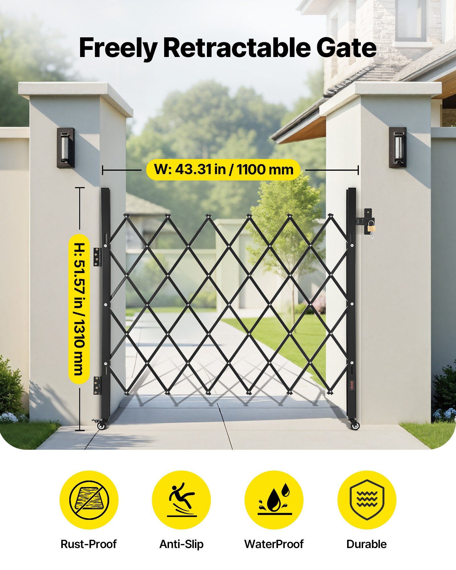 Single Folding Security Gate, Lockable Scissor Gate with 360 degree Swivel Casters, Outdoor Barricade Steel Retractable Gates, for Entry Security, Garage, Warehouse & Pool, 1100 x 1310 mm (W x H) - Image 2