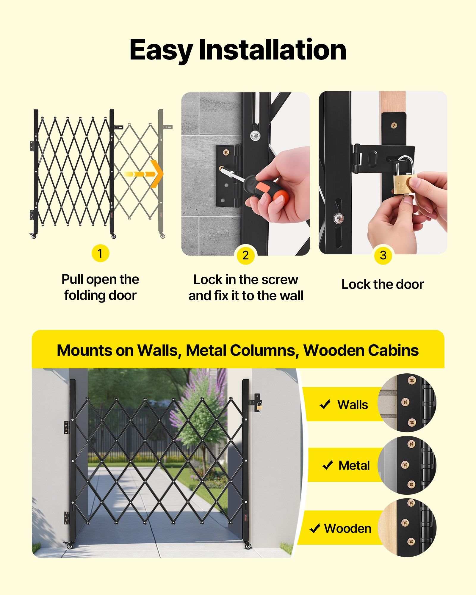 Single Folding Security Gate, Lockable Scissor Gate with 360 degree Swivel Casters, Outdoor Barricade Steel Retractable Gates, for Entry Security, Garage, Warehouse & Pool, 1100 x 1310 mm (W x H) - Image 5