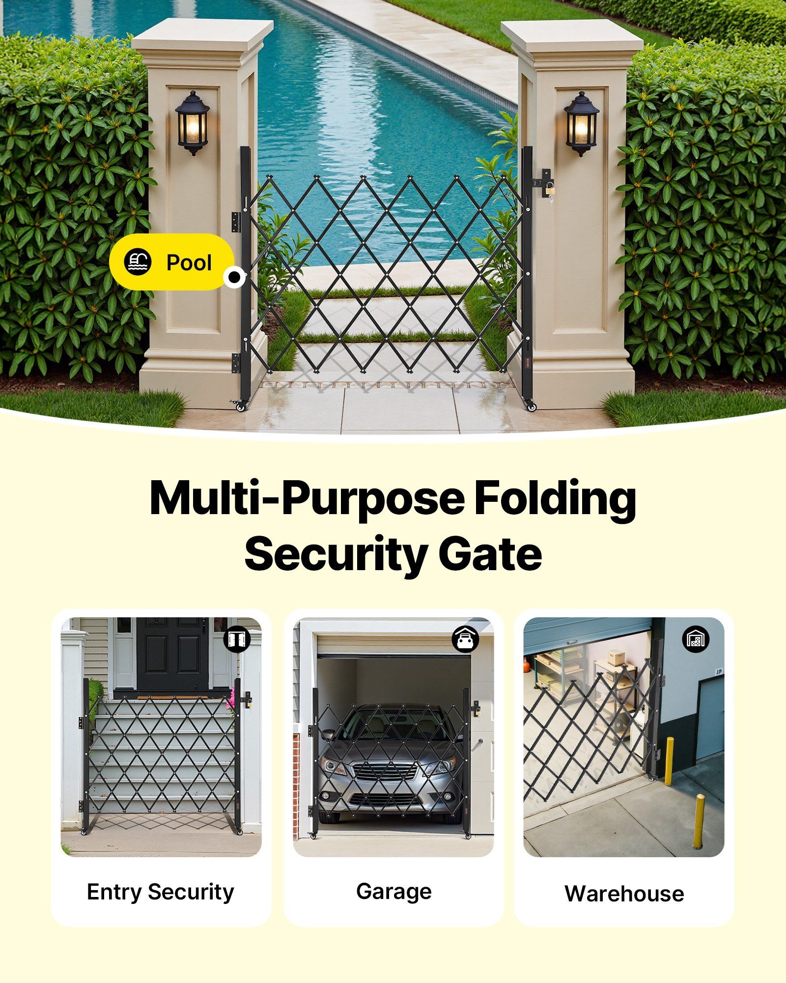 Single Folding Security Gate, Lockable Scissor Gate with 360 degree Swivel Casters, Outdoor Barricade Steel Retractable Gates, for Entry Security, Garage, Warehouse & Pool, 1100 x 1310 mm (W x H) - Image 6
