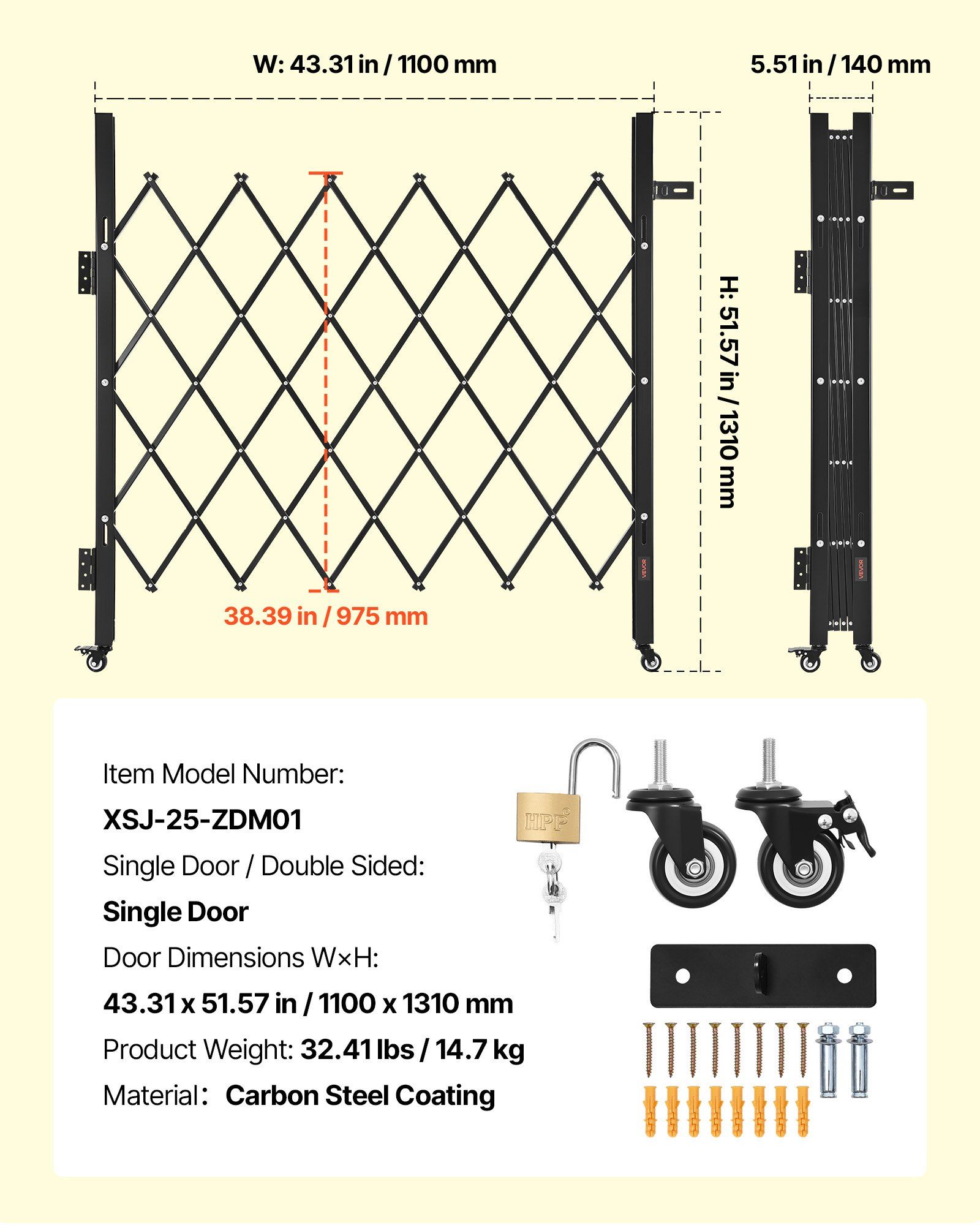Single Folding Security Gate, Lockable Scissor Gate with 360 degree Swivel Casters, Outdoor Barricade Steel Retractable Gates, for Entry Security, Garage, Warehouse & Pool, 1100 x 1310 mm (W x H) - Image 7