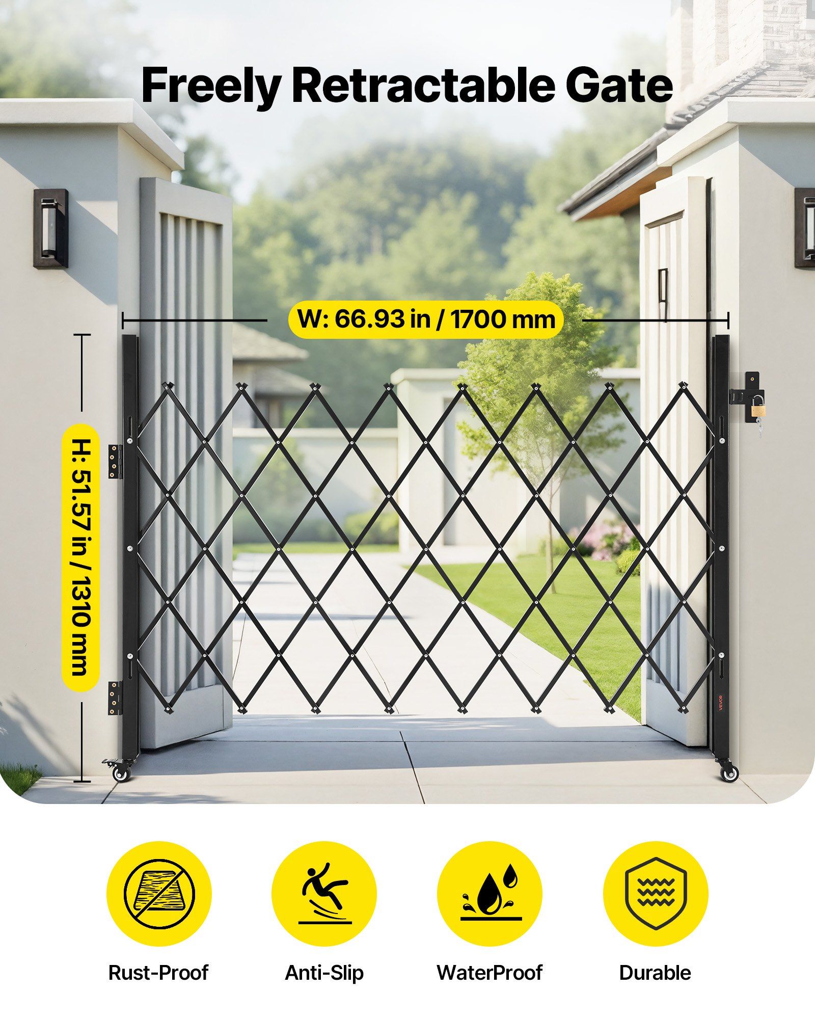 Single Folding Security Gate, Lockable Scissor Gate with 360 degree Swivel Casters, Outdoor Barricade Steel Retractable Gates, for Entry Security, Garage, Warehouse & Pool, 1700 x 1310 mm (W x H) - Image 2