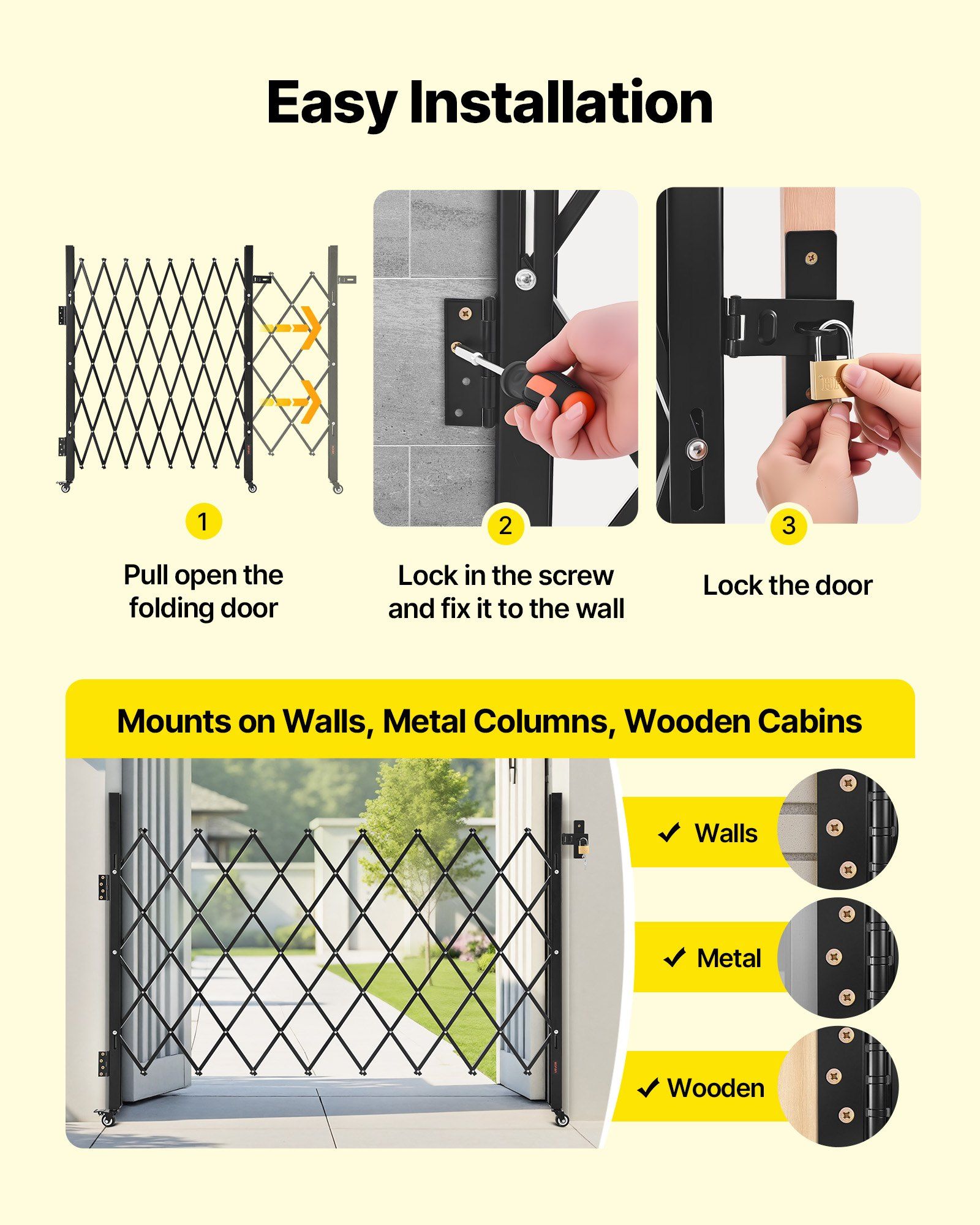 Single Folding Security Gate, Lockable Scissor Gate with 360 degree Swivel Casters, Outdoor Barricade Steel Retractable Gates, for Entry Security, Garage, Warehouse & Pool, 1700 x 1310 mm (W x H) - Image 5