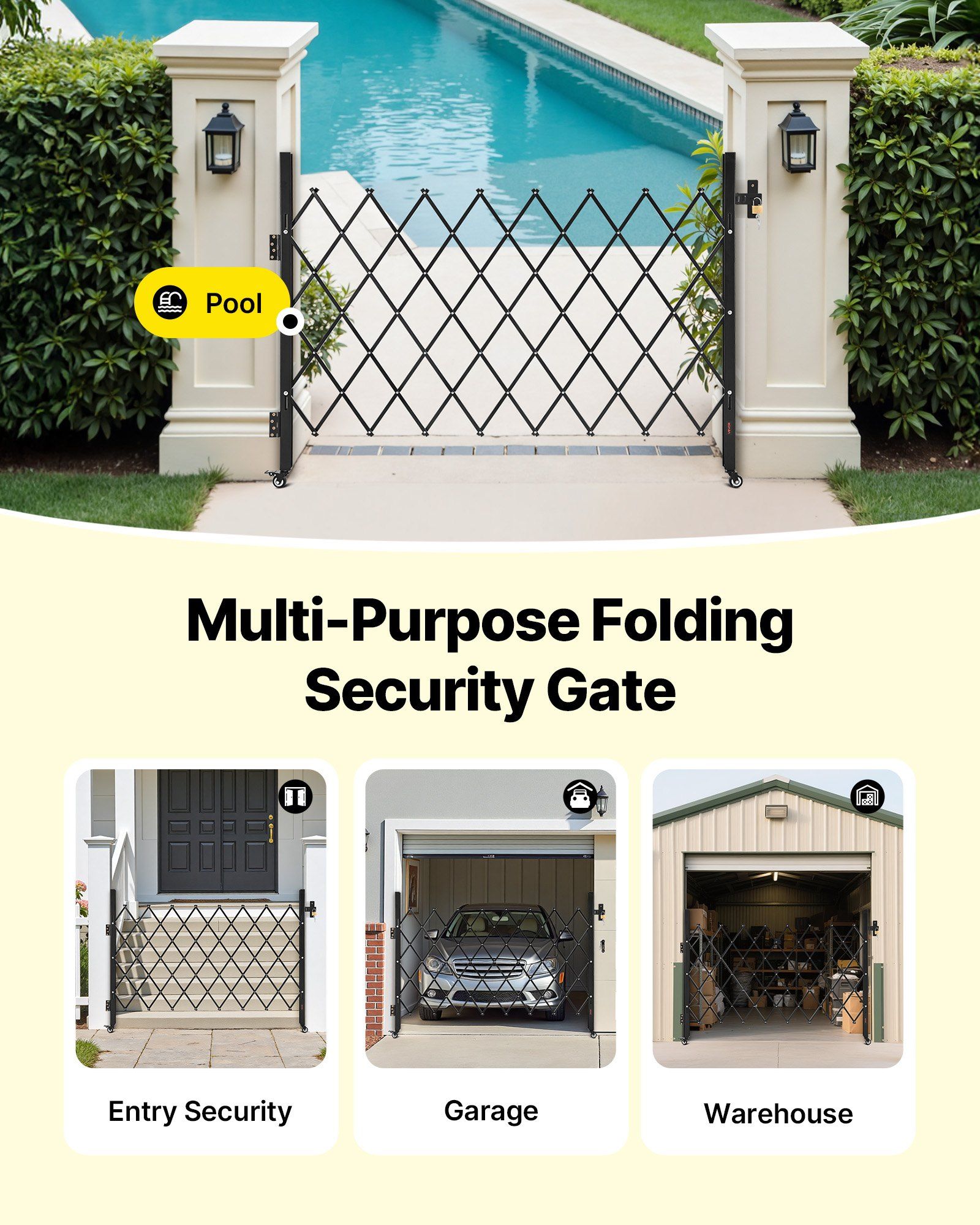 Single Folding Security Gate, Lockable Scissor Gate with 360 degree Swivel Casters, Outdoor Barricade Steel Retractable Gates, for Entry Security, Garage, Warehouse & Pool, 1700 x 1310 mm (W x H) - Image 6
