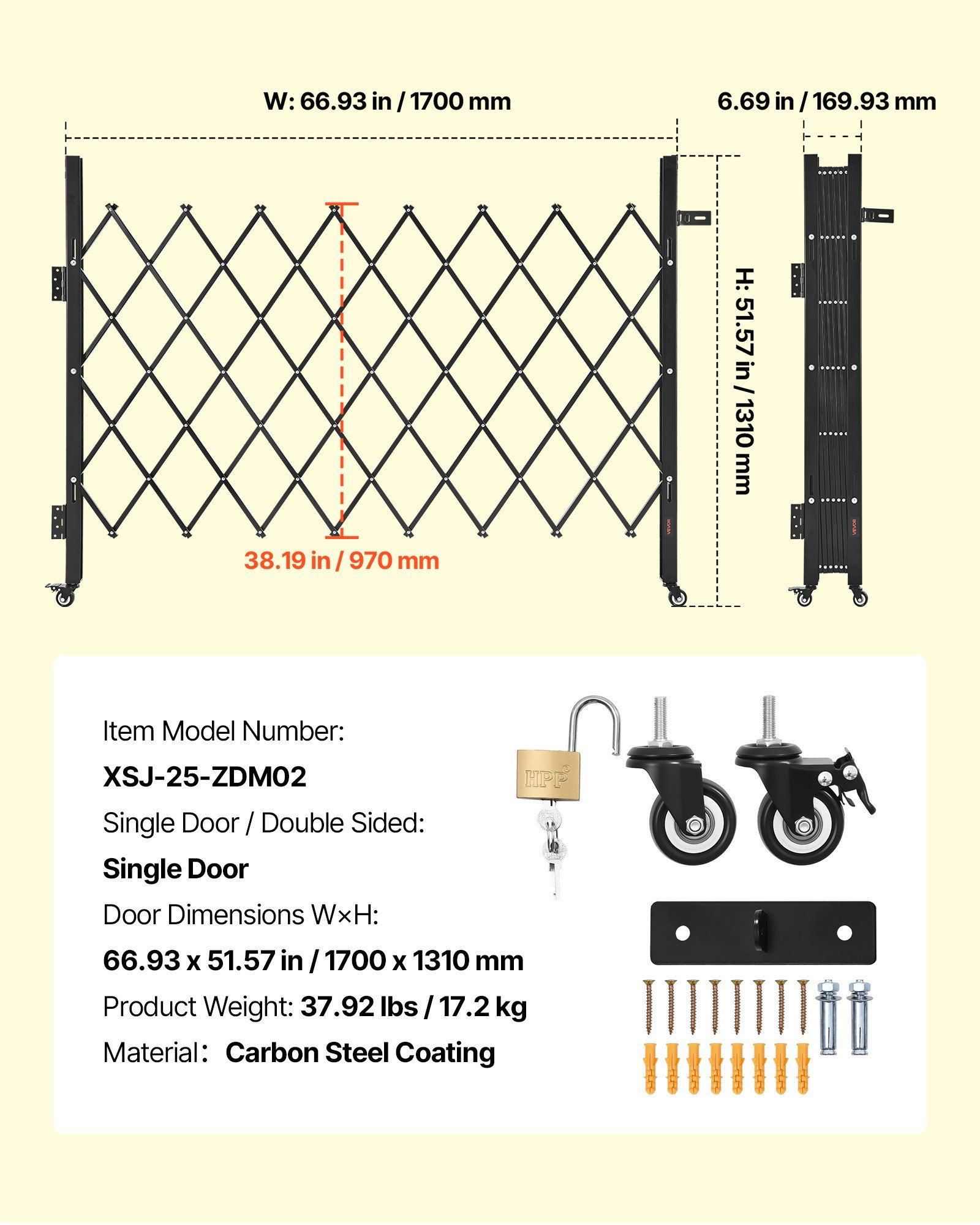 Single Folding Security Gate, Lockable Scissor Gate with 360 degree Swivel Casters, Outdoor Barricade Steel Retractable Gates, for Entry Security, Garage, Warehouse & Pool, 1700 x 1310 mm (W x H) - Image 7