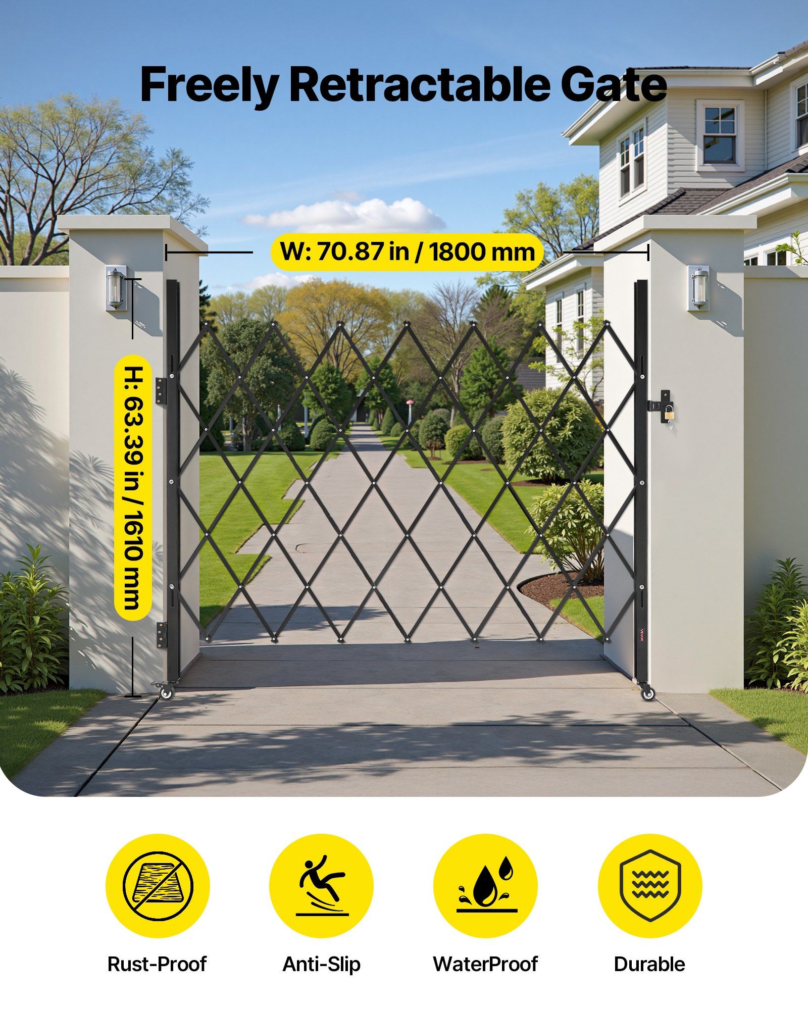 Single Folding Security Gate, Lockable Scissor Gate with 360 degree Swivel Casters, Outdoor Barricade Steel Retractable Gates, for Entry Security, Garage, Warehouse & Pool, 1800 x 1610 mm (W x H) - Image 2