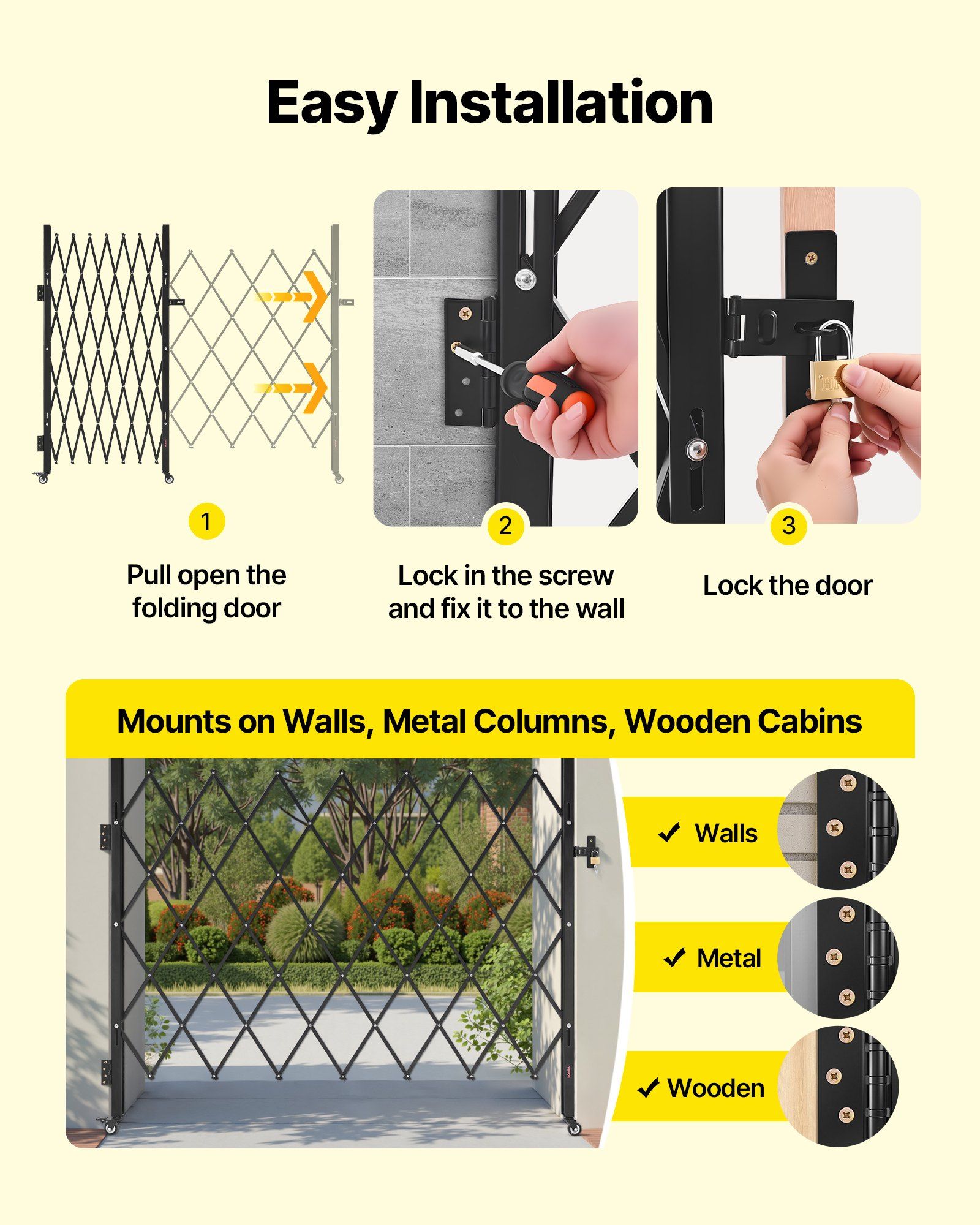 Single Folding Security Gate, Lockable Scissor Gate with 360 degree Swivel Casters, Outdoor Barricade Steel Retractable Gates, for Entry Security, Garage, Warehouse & Pool, 1800 x 1610 mm (W x H) - Image 5