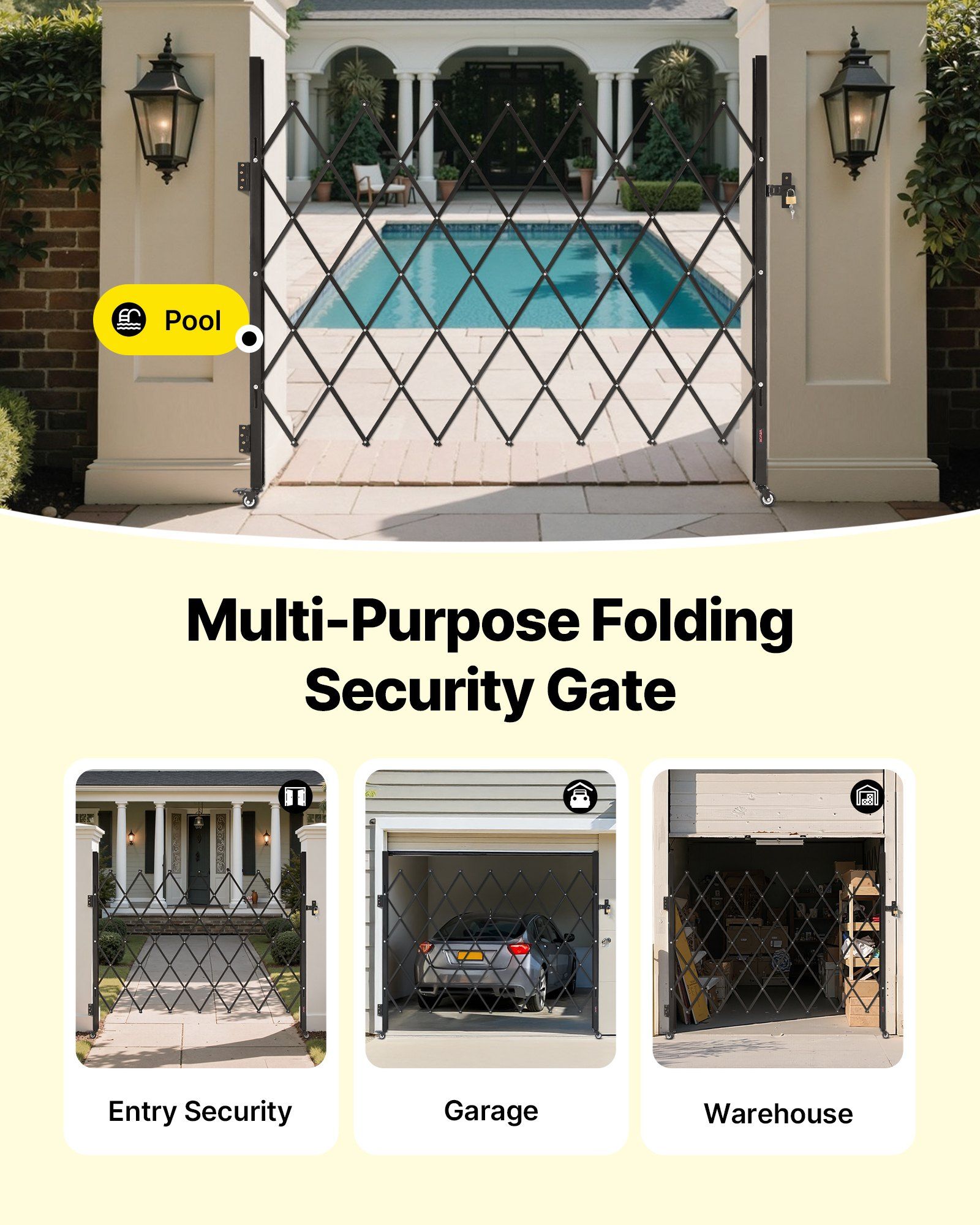 Single Folding Security Gate, Lockable Scissor Gate with 360 degree Swivel Casters, Outdoor Barricade Steel Retractable Gates, for Entry Security, Garage, Warehouse & Pool, 1800 x 1610 mm (W x H) - Image 6