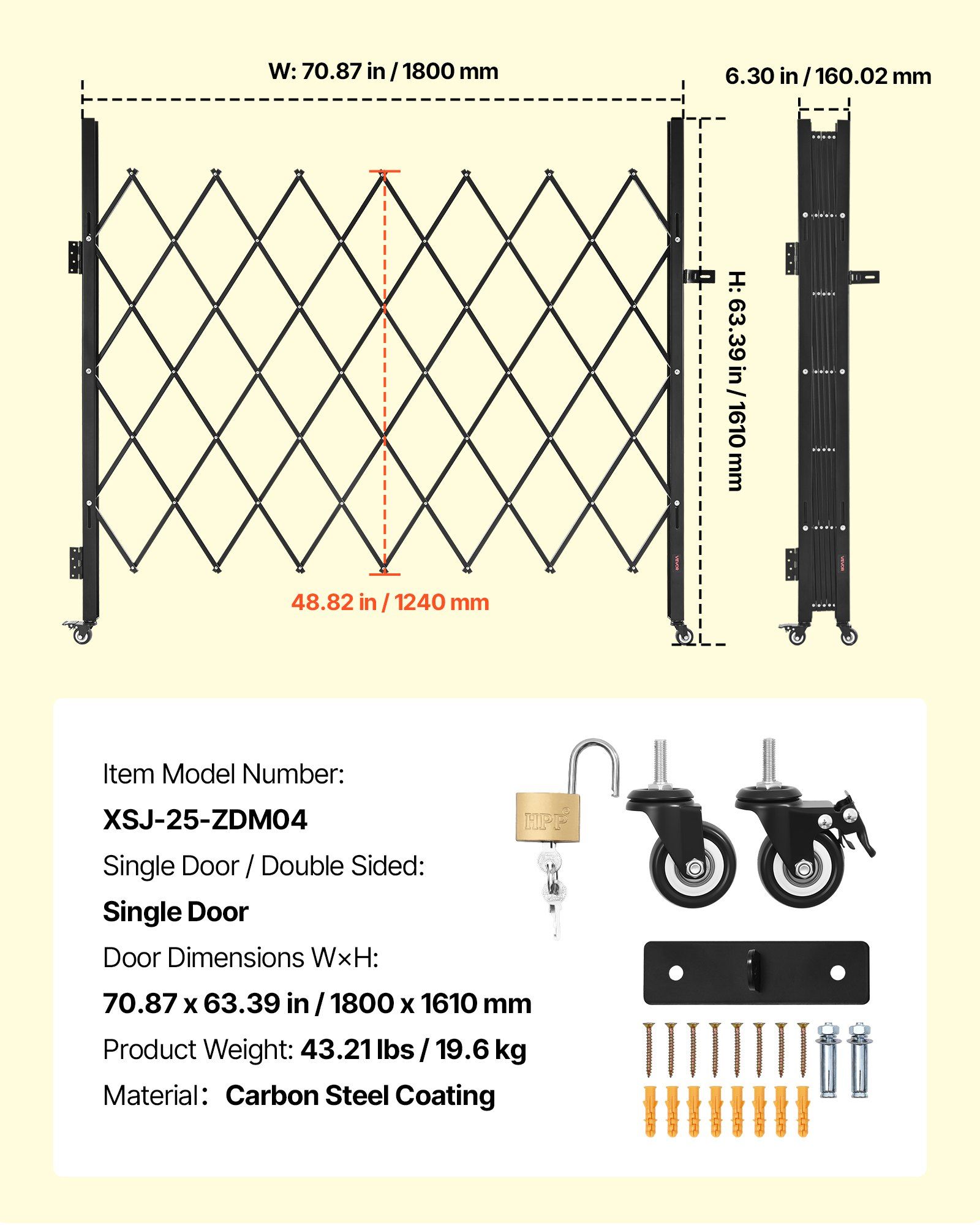 Single Folding Security Gate, Lockable Scissor Gate with 360 degree Swivel Casters, Outdoor Barricade Steel Retractable Gates, for Entry Security, Garage, Warehouse & Pool, 1800 x 1610 mm (W x H) - Image 7