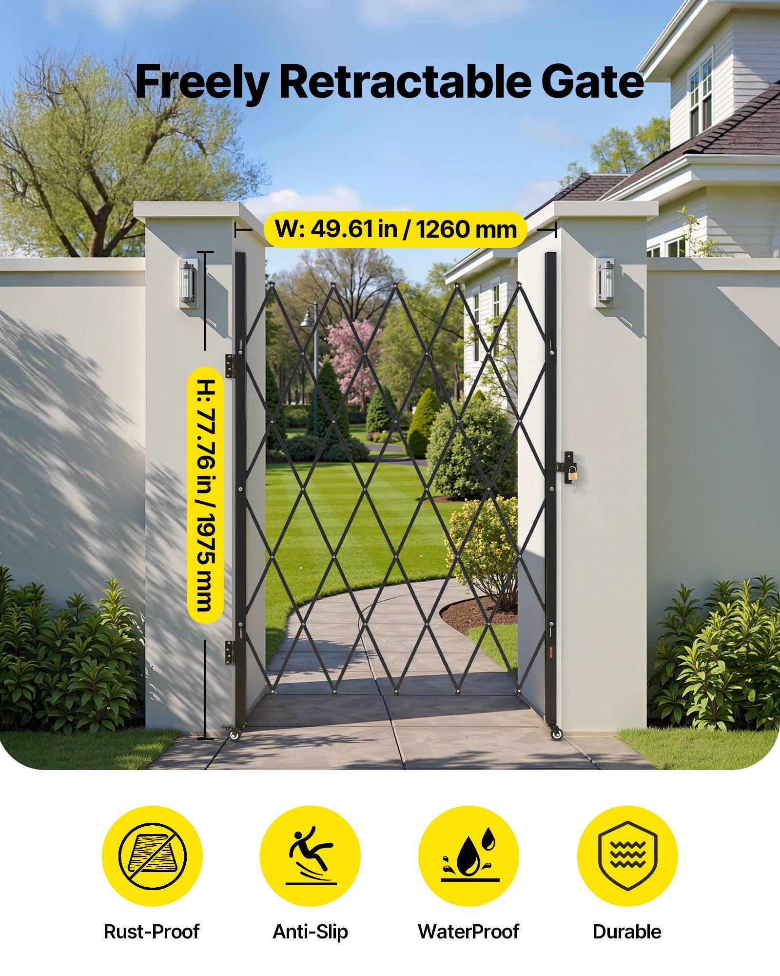 Single Folding Security Gate, Lockable Scissor Gate with 360 degree Swivel Casters, Outdoor Barricade Steel Retractable Gates, for Entry Security, Garage, Warehouse & Pool, 1260 x 1975 mm (W x H) - Image 2