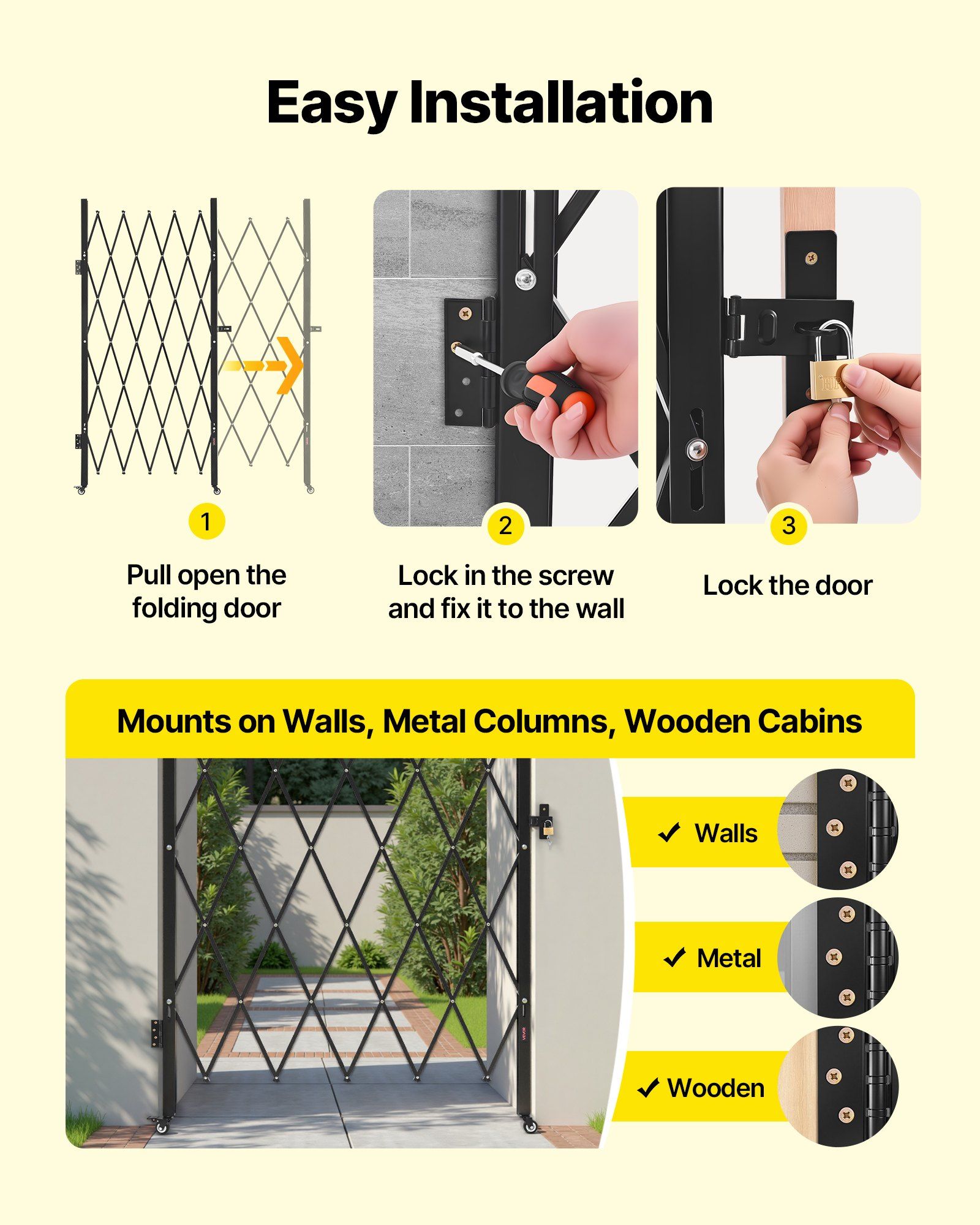 Single Folding Security Gate, Lockable Scissor Gate with 360 degree Swivel Casters, Outdoor Barricade Steel Retractable Gates, for Entry Security, Garage, Warehouse & Pool, 1260 x 1975 mm (W x H) - Image 5