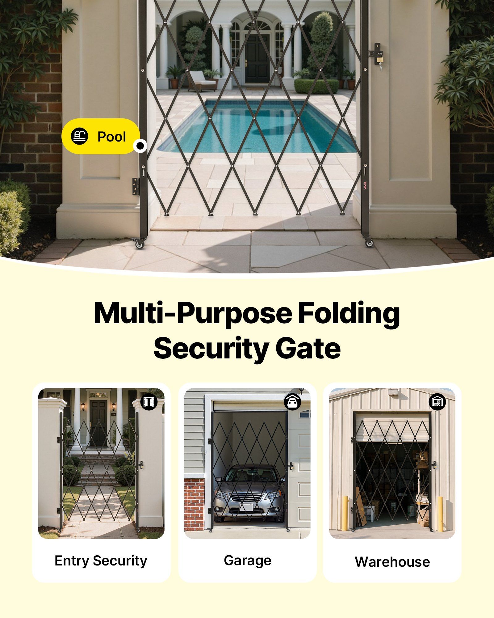 Single Folding Security Gate, Lockable Scissor Gate with 360 degree Swivel Casters, Outdoor Barricade Steel Retractable Gates, for Entry Security, Garage, Warehouse & Pool, 1260 x 1975 mm (W x H) - Image 6