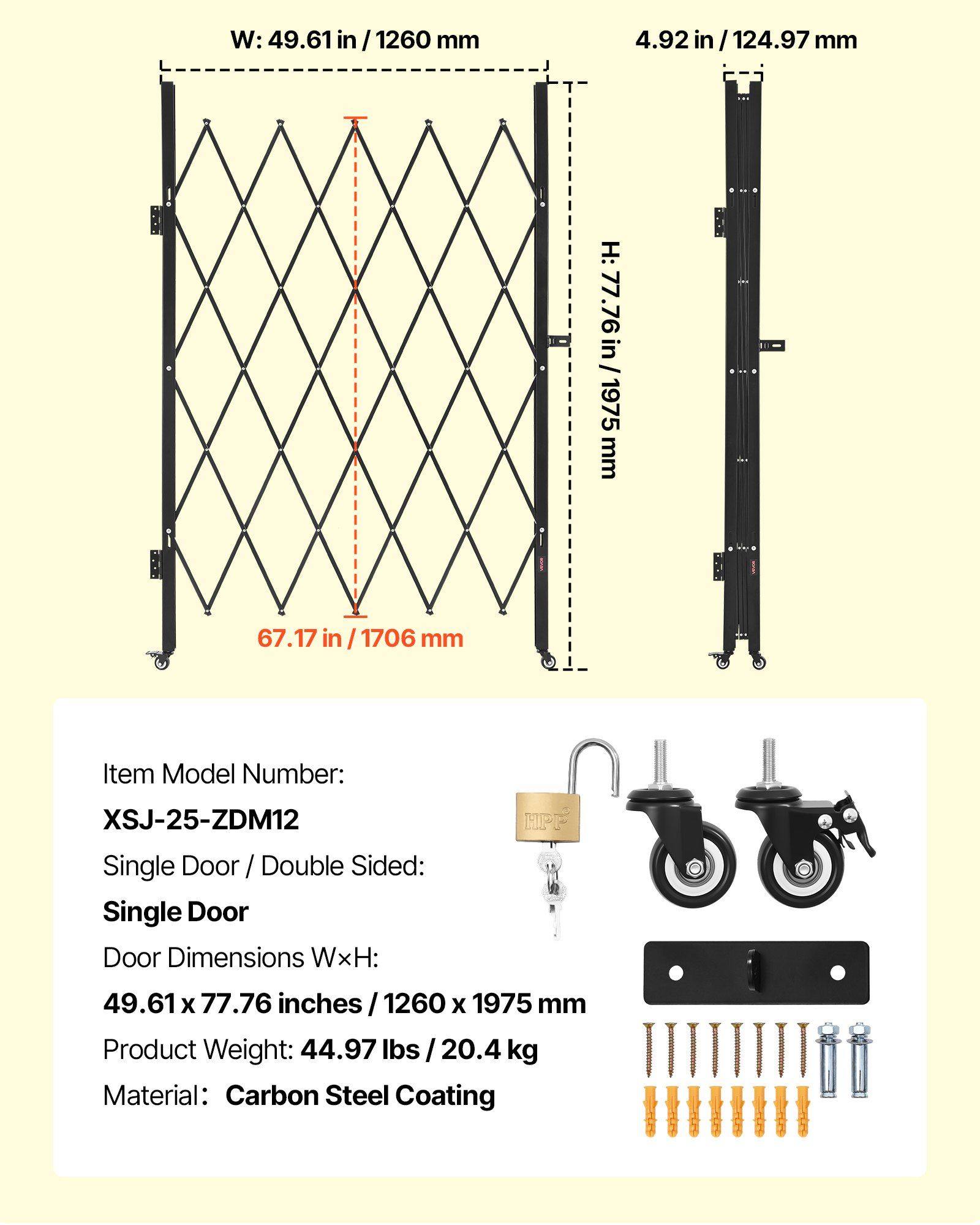 Single Folding Security Gate, Lockable Scissor Gate with 360 degree Swivel Casters, Outdoor Barricade Steel Retractable Gates, for Entry Security, Garage, Warehouse & Pool, 1260 x 1975 mm (W x H) - Image 7