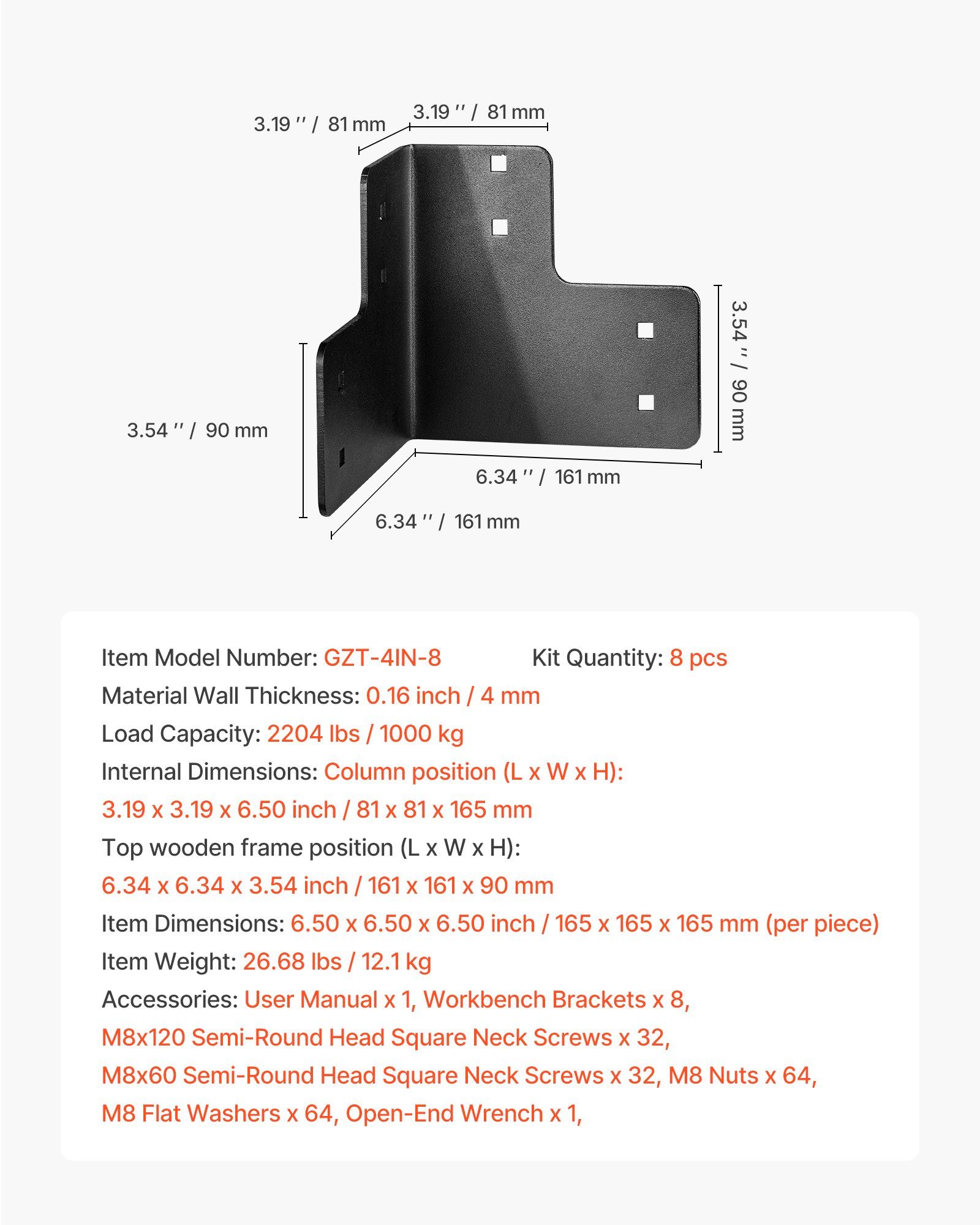 Workbench Corner Bracket Kit, 6.50 x 6.50 x 6.50 inch / 165 x 165 x 165 mm, 2204lbs/1000kg Load Capacity, Heavy Duty Sturdy Steel Angle Brackets with Screws, for Desk Shop Table Platform, 8 Pcs - Image 7