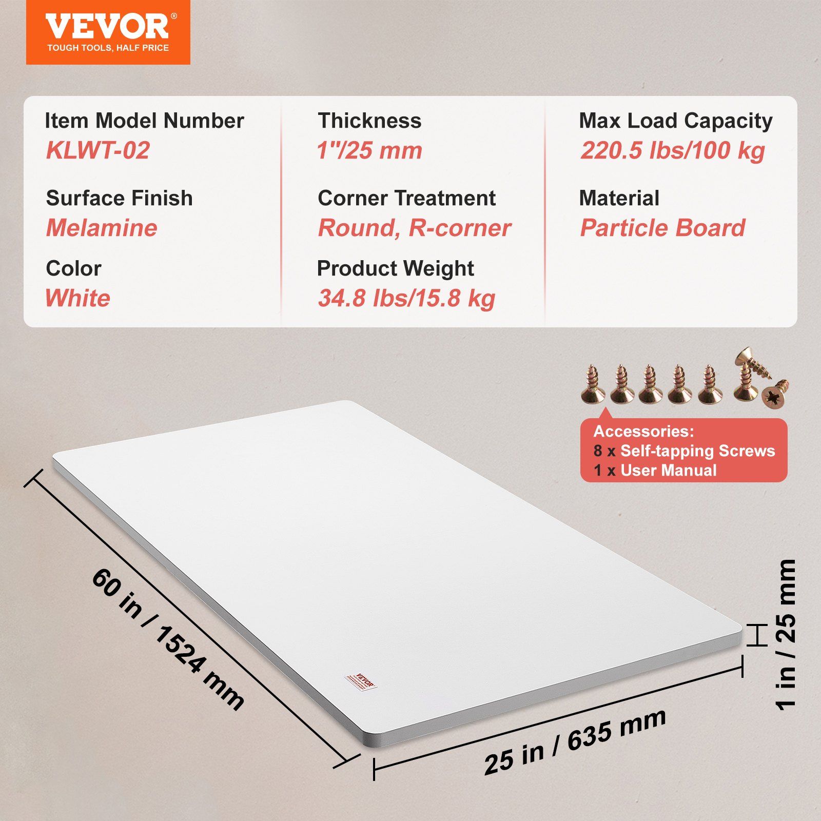 Table Top, 1524 x 635 x 25 mm, 100 kg Load Capacity, Universal One-Piece Particle Board Desktop for Height Adjustable Electric Standing Desk Frame, Rectangular Countertop for Home & Office Desk - Image 7