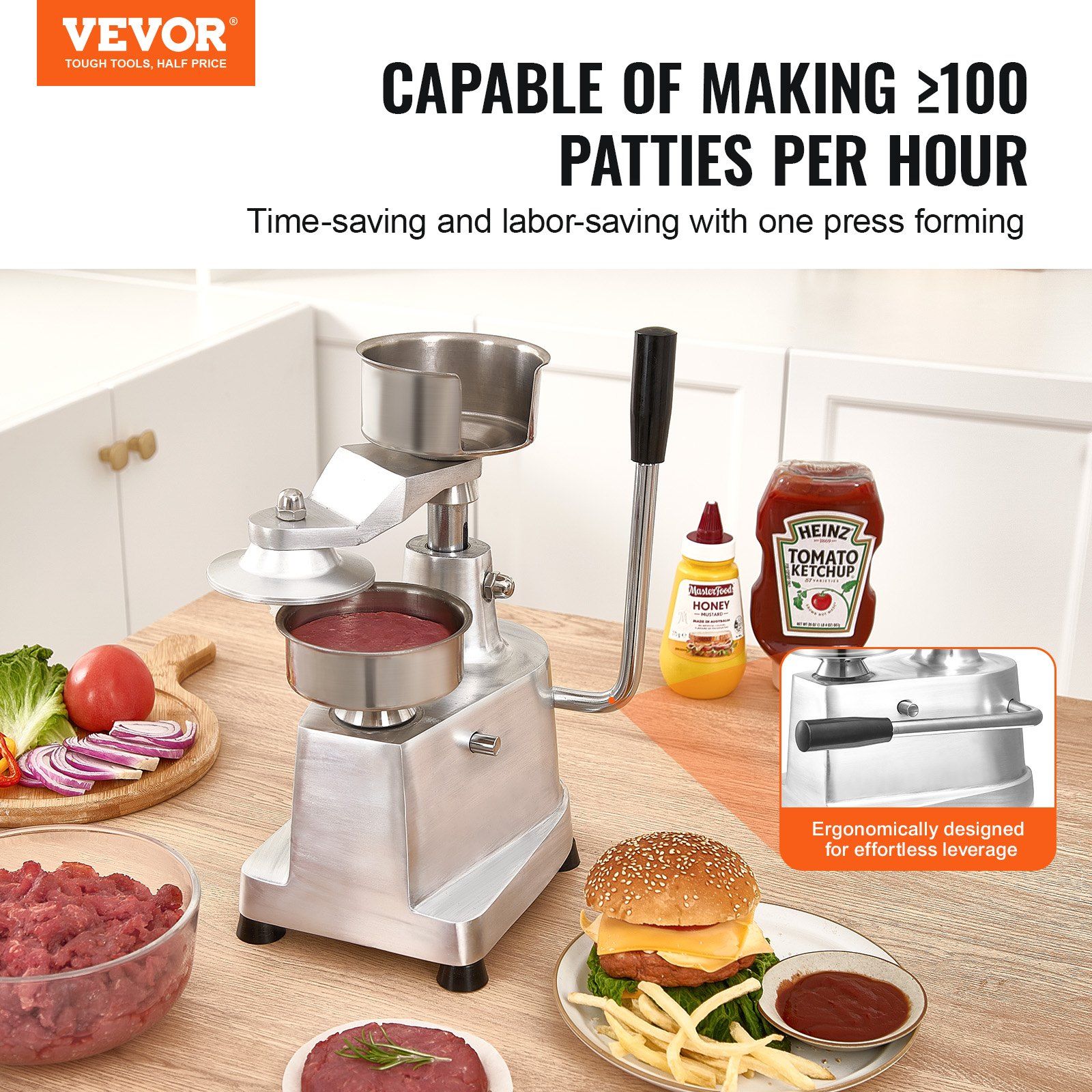 Commercial Burger Patty Maker, 100mm Hamburger Beef Patty Maker, Heavy Duty Food-Grade Stainless Steel Bowl Burger Press Machine, Kitchen Meat Forming Processor with 1000 Pcs Patty Papers - Image 2