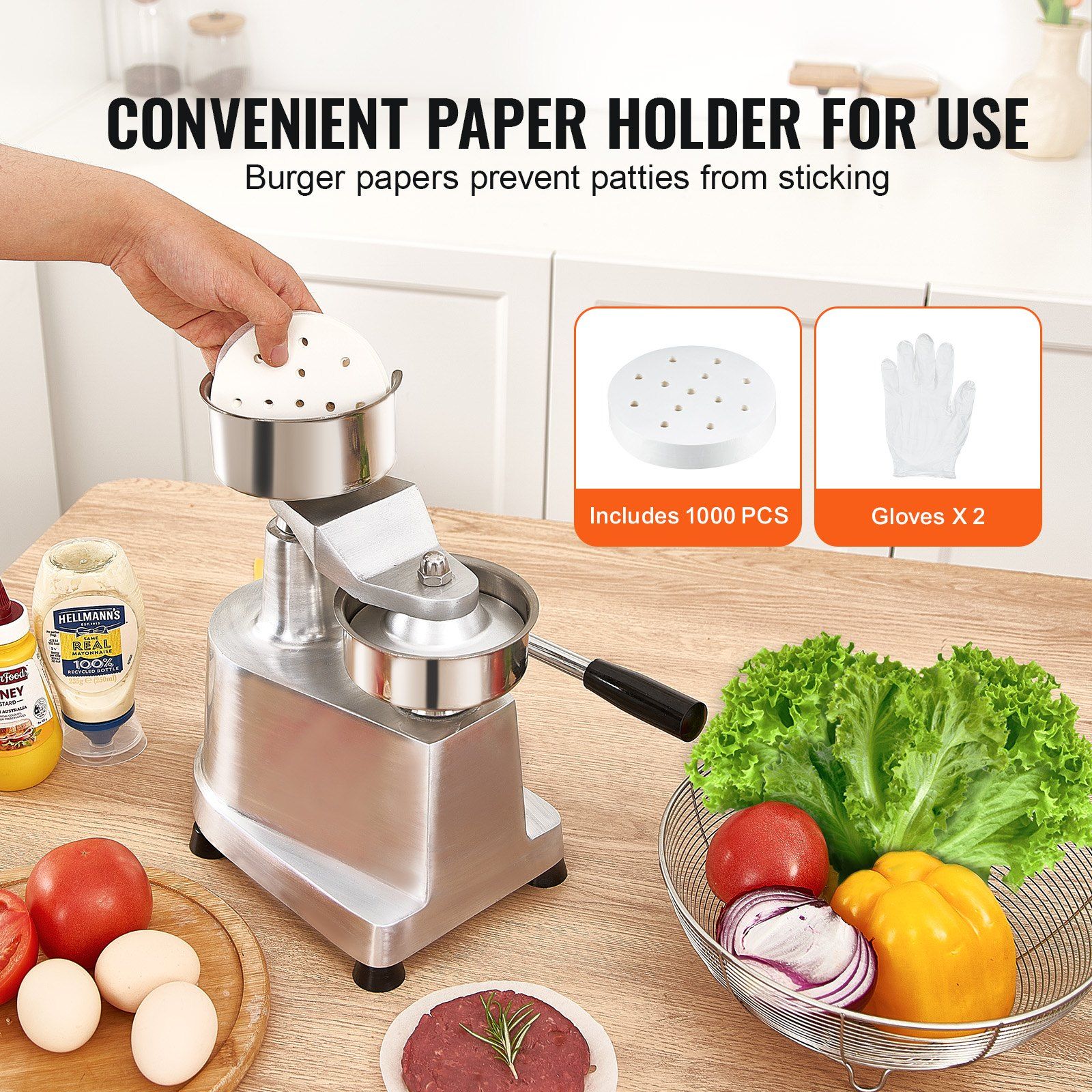 Commercial Burger Patty Maker, 100mm Hamburger Beef Patty Maker, Heavy Duty Food-Grade Stainless Steel Bowl Burger Press Machine, Kitchen Meat Forming Processor with 1000 Pcs Patty Papers - Image 4