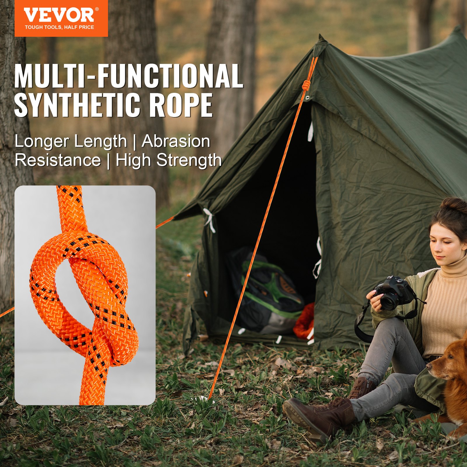 Double Braided Polyester Rope, 19 mm x 67.06 m, 24 Strands, 88.96kN Breaking Strength Outdoor Climbing Rope, Arborist Rigging Rope for Rock Hiking Camping Swing Rappelling Rescue, Orange/Black - Image 2