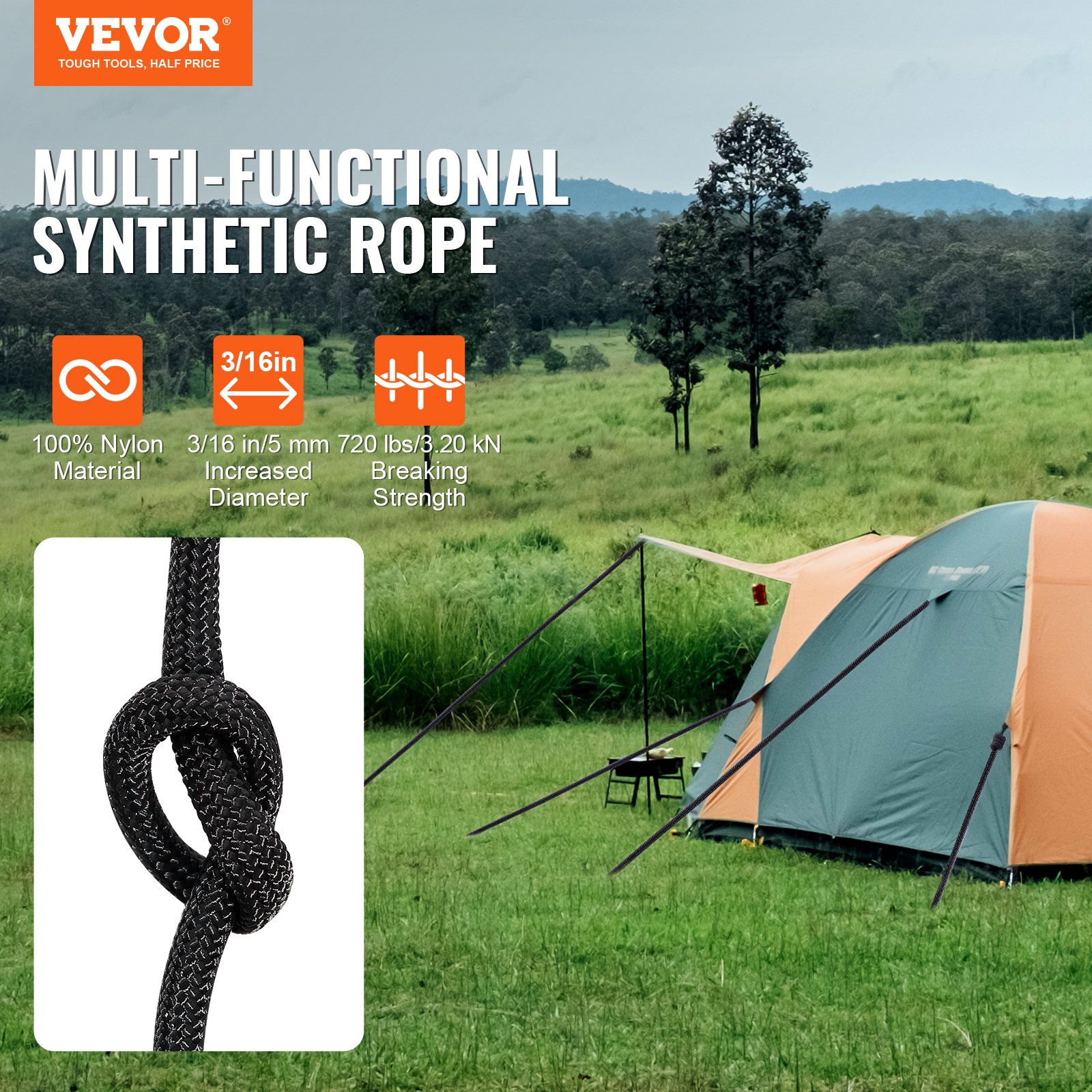 Braided Nylon Rope, 5 mm x 304.8 m, 32 Strands, 3.20kN Breaking Strength Outdoor Climbing Rope, Arborist Tree Climbing Rigging Rope Ideal for Rock Hiking Camping Swing Rappelling Rescue, Black - Image 2