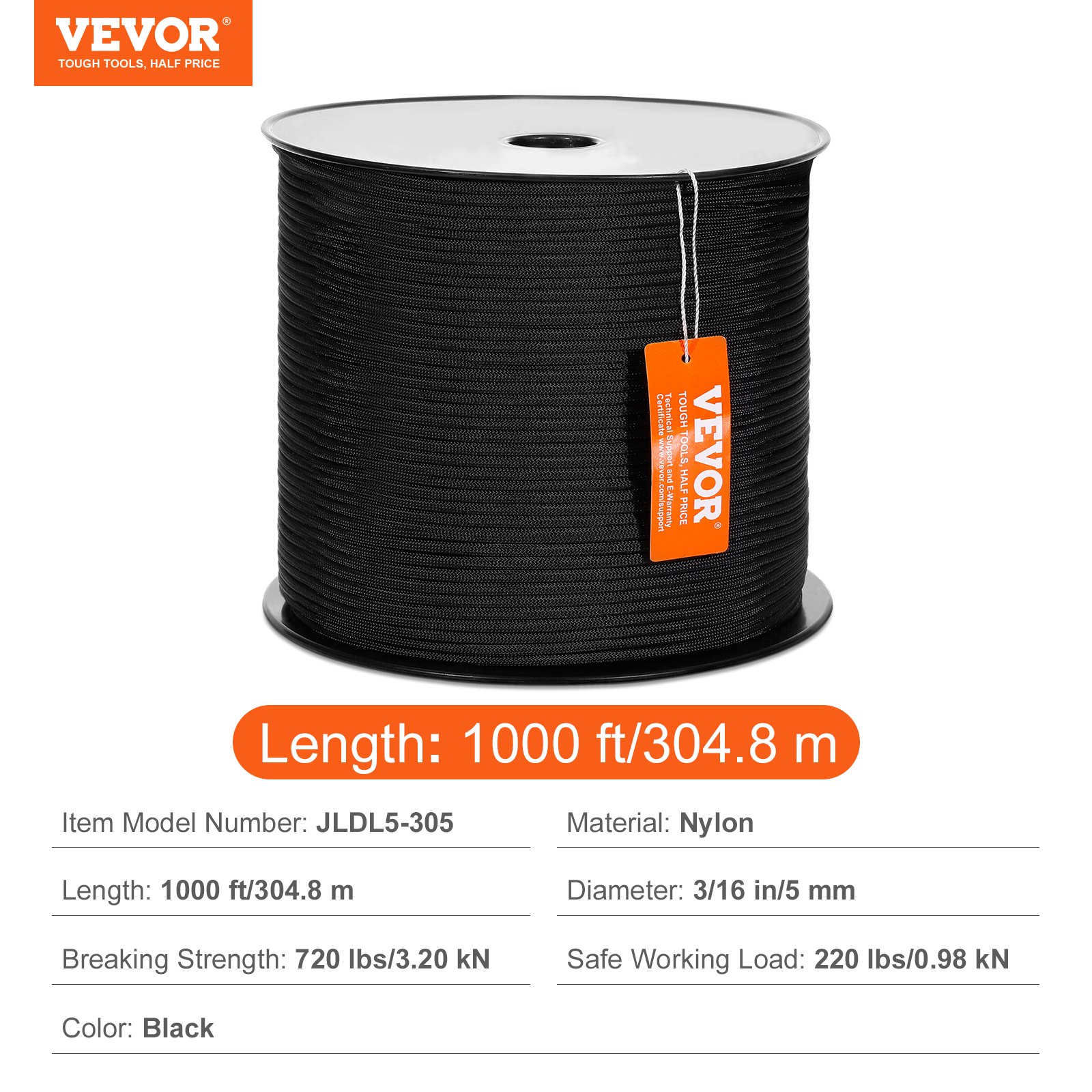 Braided Nylon Rope, 5 mm x 304.8 m, 32 Strands, 3.20kN Breaking Strength Outdoor Climbing Rope, Arborist Tree Climbing Rigging Rope Ideal for Rock Hiking Camping Swing Rappelling Rescue, Black - Image 7