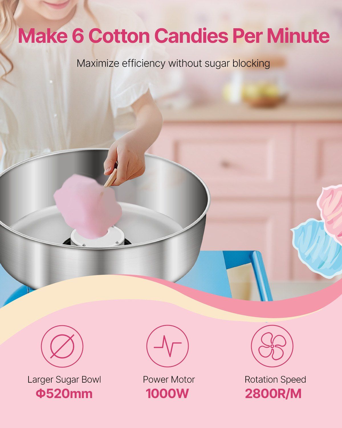 Electric Cotton Candy Machine with Cart, 1000W Commercial Candy Floss Maker with 52cm Stainless Steel Bowl, Sugar Scoop, and Drawer, Easy to Use, for Home, Kids Birthday, Family Party, Blue - Image 2