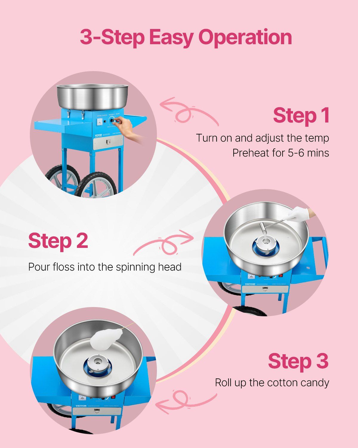 Electric Cotton Candy Machine with Cart, 1000W Commercial Candy Floss Maker with 52cm Stainless Steel Bowl, Sugar Scoop, and Drawer, Easy to Use, for Home, Kids Birthday, Family Party, Blue - Image 3