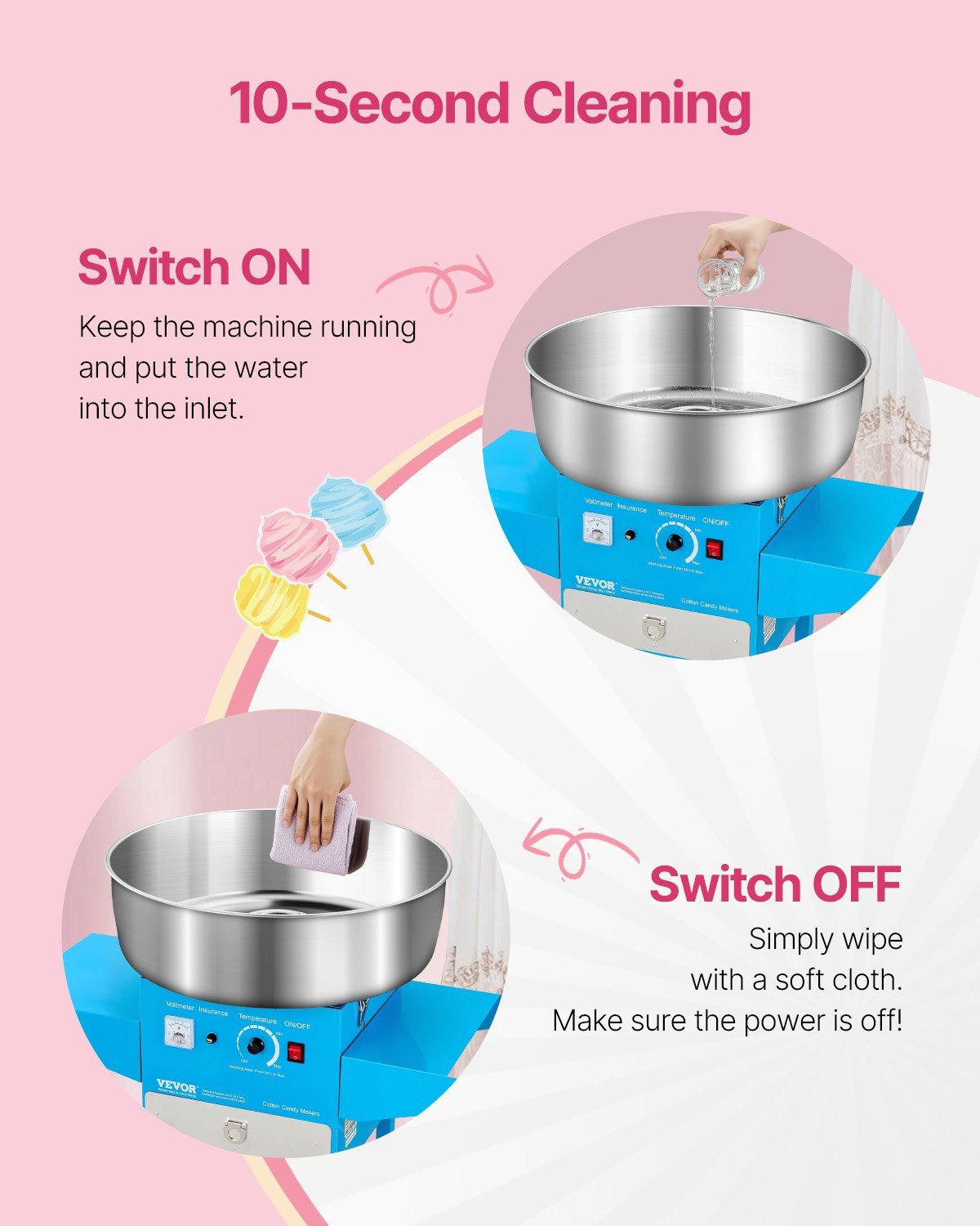 Electric Cotton Candy Machine with Cart, 1000W Commercial Candy Floss Maker with 52cm Stainless Steel Bowl, Sugar Scoop, and Drawer, Easy to Use, for Home, Kids Birthday, Family Party, Blue - Image 4