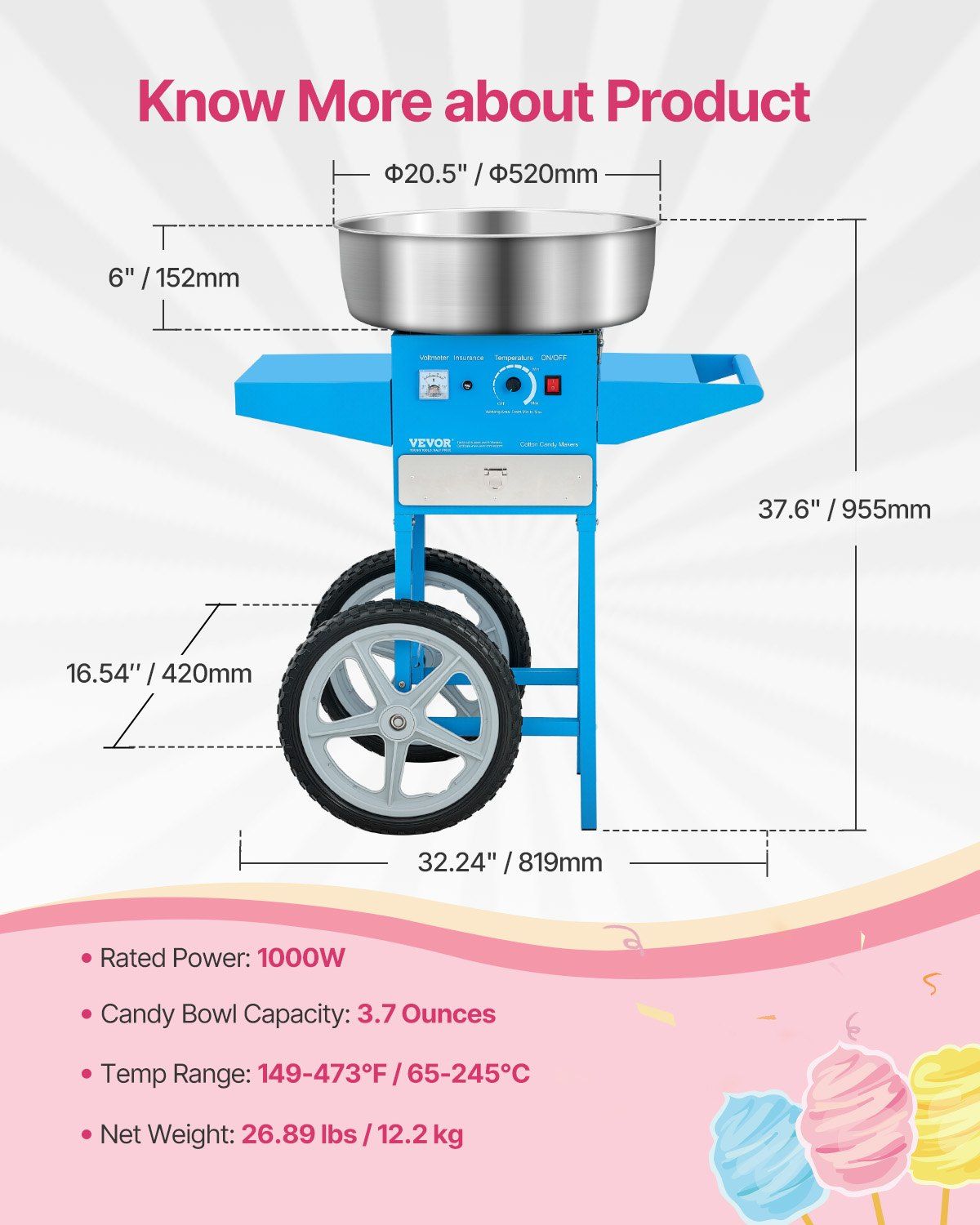 Electric Cotton Candy Machine with Cart, 1000W Commercial Candy Floss Maker with 52cm Stainless Steel Bowl, Sugar Scoop, and Drawer, Easy to Use, for Home, Kids Birthday, Family Party, Blue - Image 7