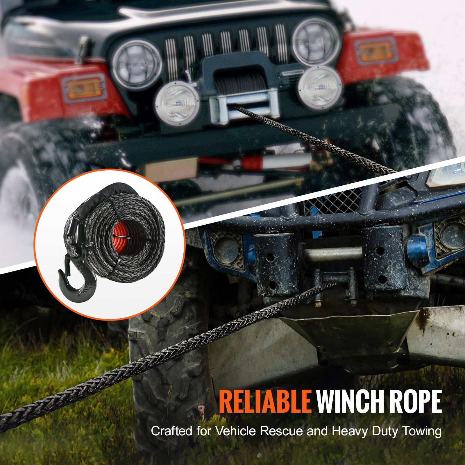 Synthetic Winch Rope, 9.5 mm x 30.5 m, 117.9 kN, Synthetic Winch Line Cable Rope with Protective Sleeve + Forged Winch Hook + Pull Strap, Universal Fit for SUV, Large Off-Road Vehicle, Truck - Image 6