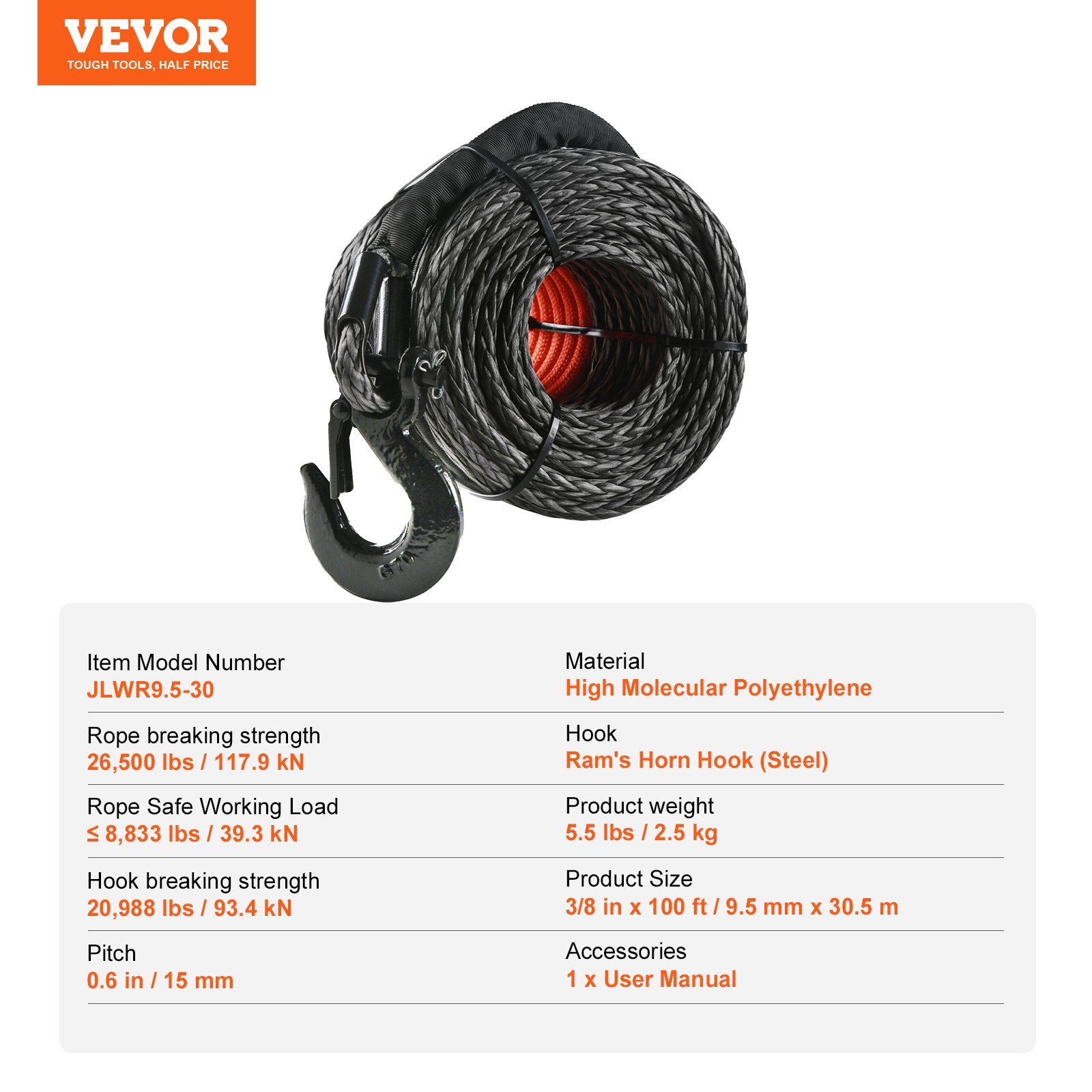 Synthetic Winch Rope, 9.5 mm x 30.5 m, 117.9 kN, Synthetic Winch Line Cable Rope with Protective Sleeve + Forged Winch Hook + Pull Strap, Universal Fit for SUV, Large Off-Road Vehicle, Truck - Image 7