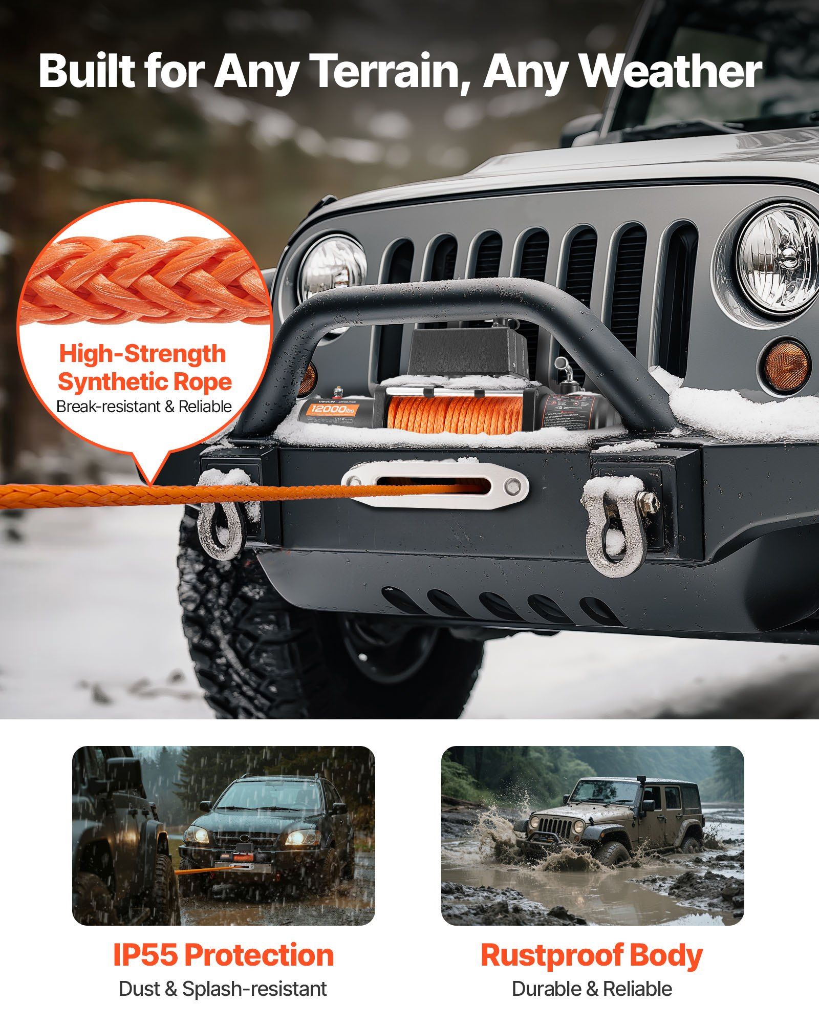 Electric Winch, 5400 kg Load Capacity, 12V DC Truck Winch with Φ9.1 mm x 23 m Synthetic Rope, Wireless & Wired Remote Control, IP55 Waterproof for Towing Off-Road SUV Jeep Trailer Boat - Image 4